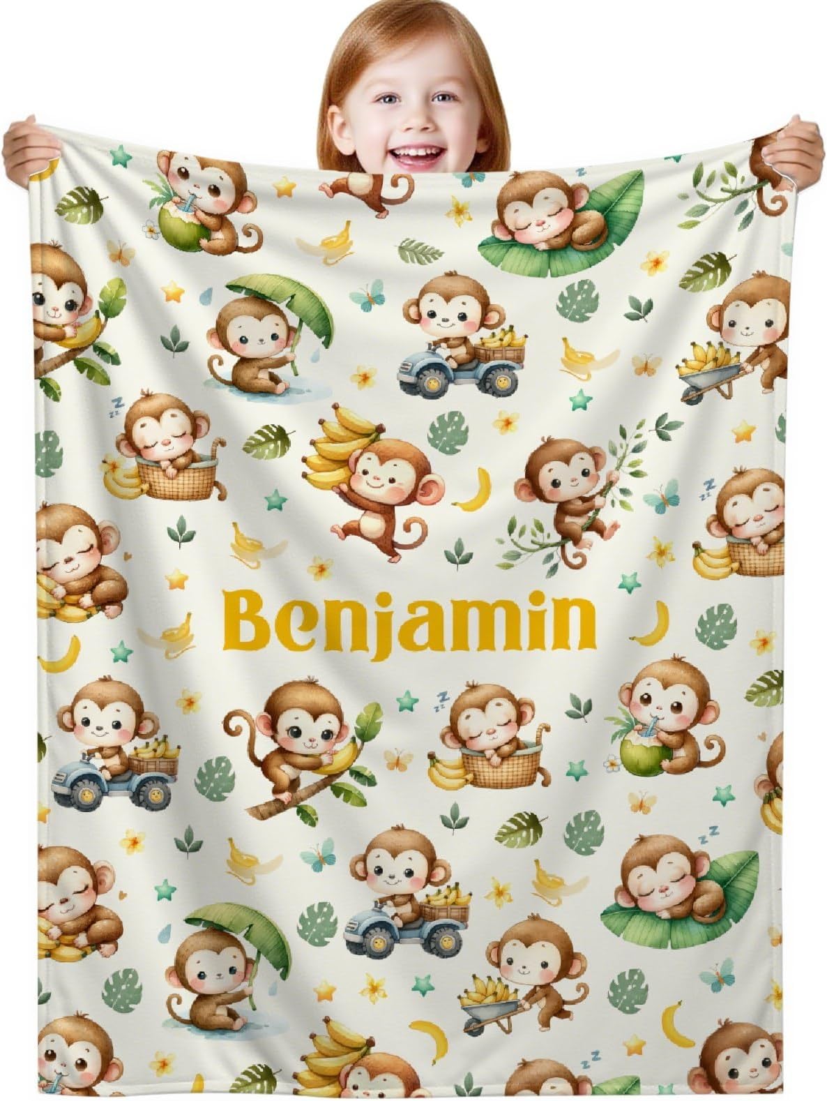 Custom Monkey Blanket,Personalized Baby Blanket for Girls Boys,Swaddle Throw Decor for Toddlers Infants Newborns Nursery Stroller Crib,30"x40"-Toddlers/Pets Size