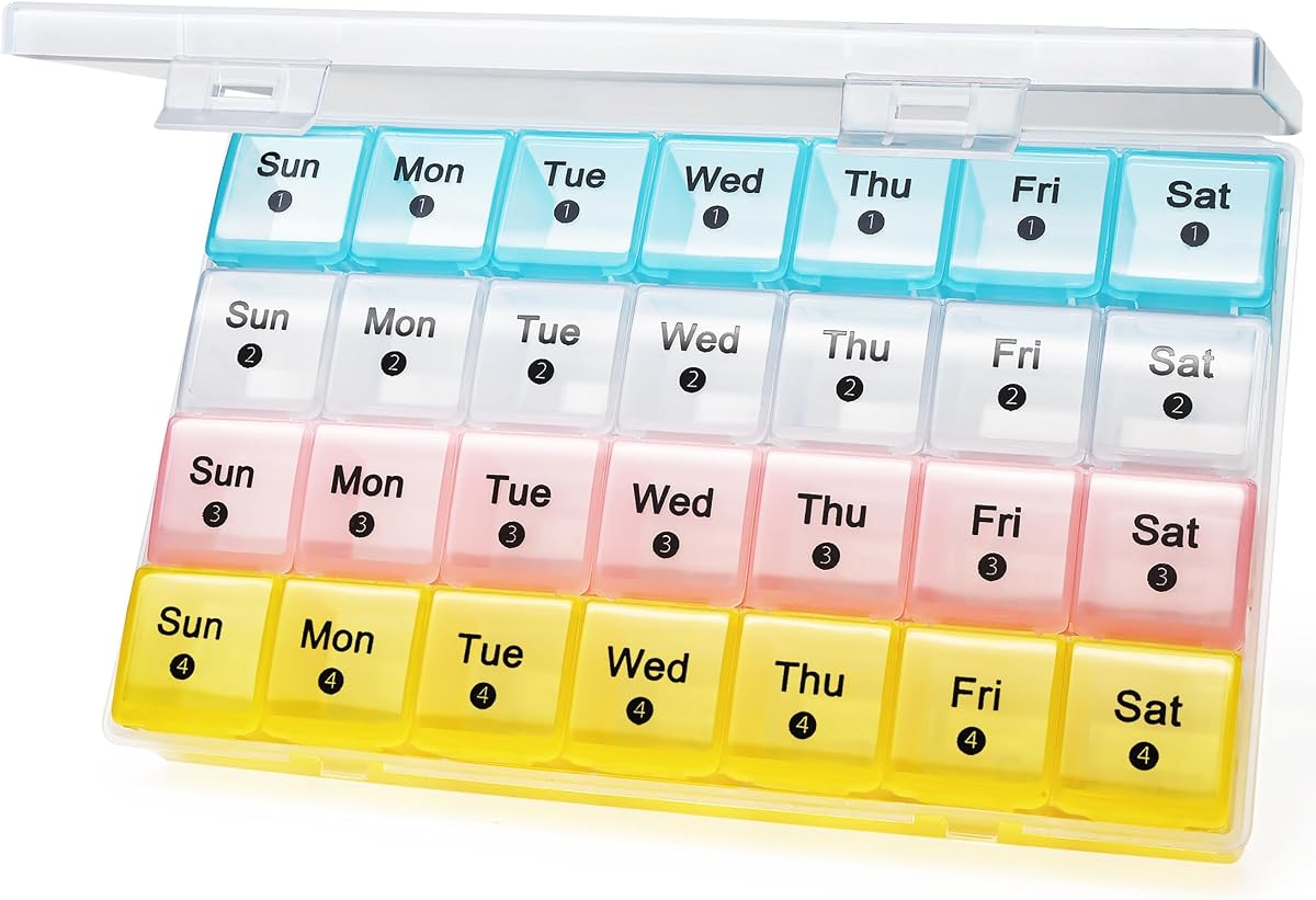 FHORAIN Monthly Pill Organizer 28 Day, 4 Weeks Pill Box 7 Day, XL Weekly Medicine Organizer for Vitamins, Fish Oil, Supplements (Multicolor)