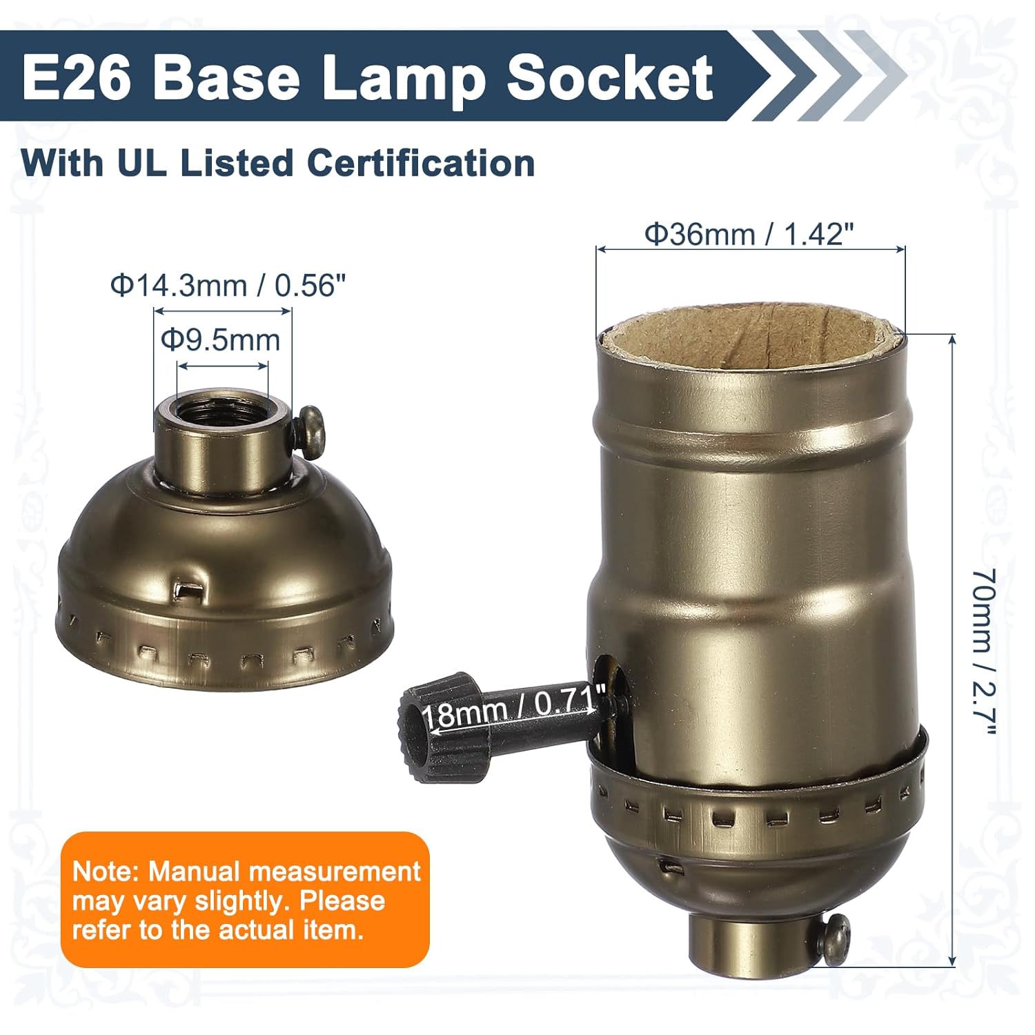 Lamp Socket Replacement 1 Pack - Ul Listed E26 Light Socket Turn Switch Knob 3-Way 250V 250W for DIY Project Lighting Setting Fixture Floor Table Lamp Repair, Retro Bronze