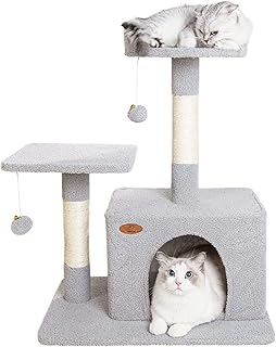 Upgraded Cat Tree for Indoor Cats - Babole Pet 30.3 inch Tall Cat Tower,Cat Condo with Large Perch Spacious Cat Cave and Scratching Post for Kittens,Adult Cats,Cat Furniture with Jump Platform,Grey.