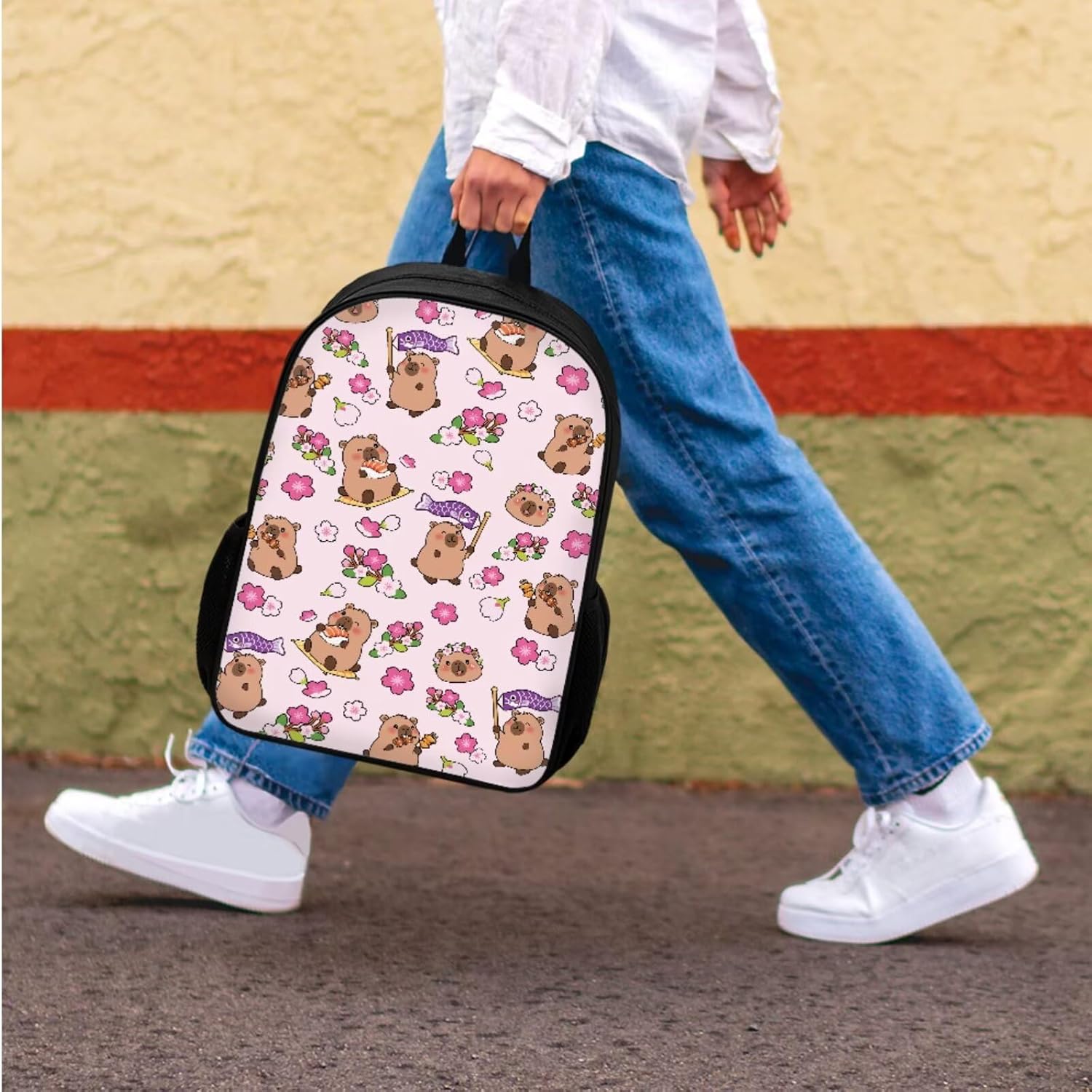 Jeiento Cartoon Floral Capybara School Bag Set Japanese Foods Cartoon School Backpack with Capybara Lunch Box Pencil Case 3 In 1,Lightweight Large Capacity 17Inch Laptop Preschool Bookbag