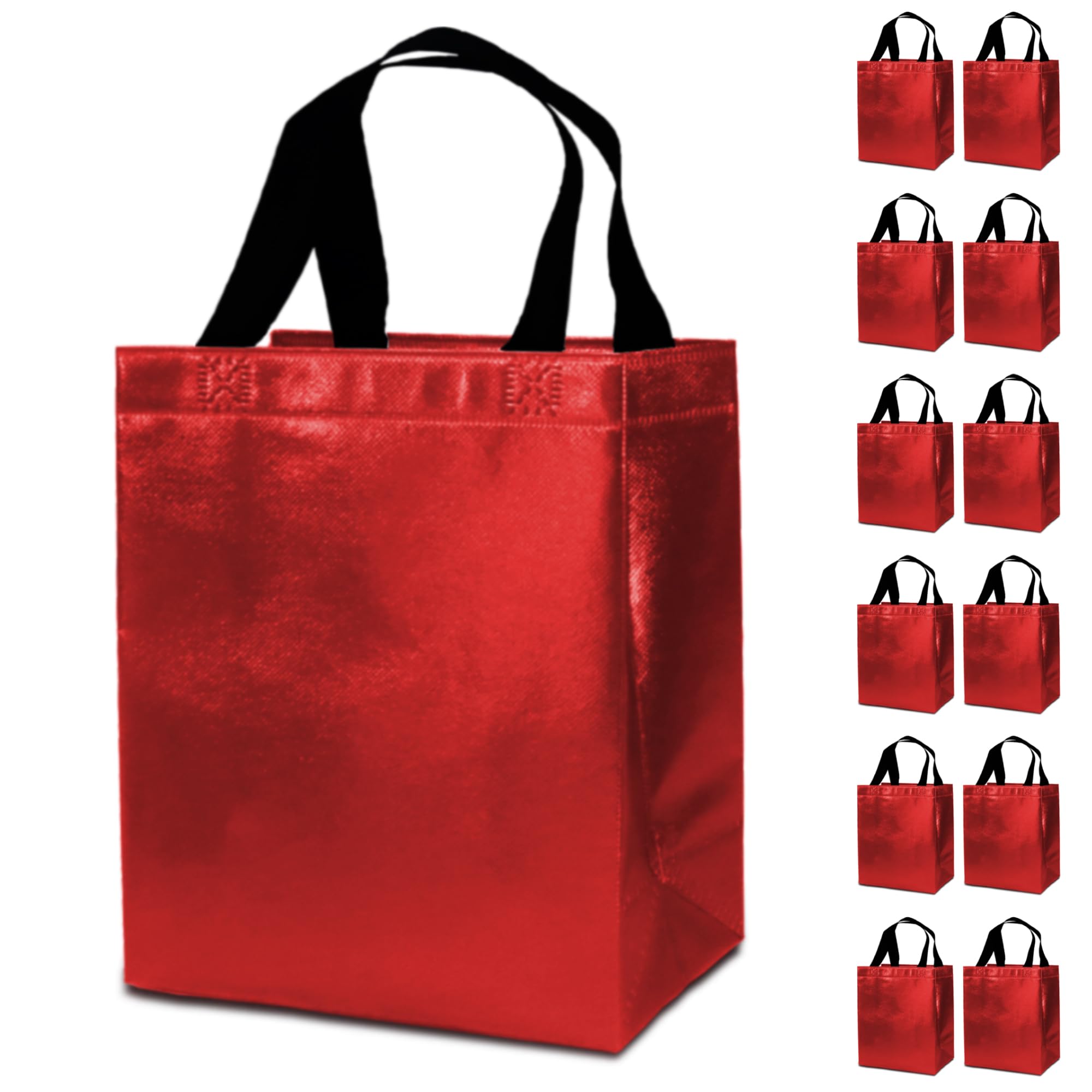 FONXHEE 12 Red Gift Bags with Tissues - Medium Sturdy Reusable, Glossy Metallic Non Woven 8x4x10 for Christmas, Graduations, Valentine's Day,