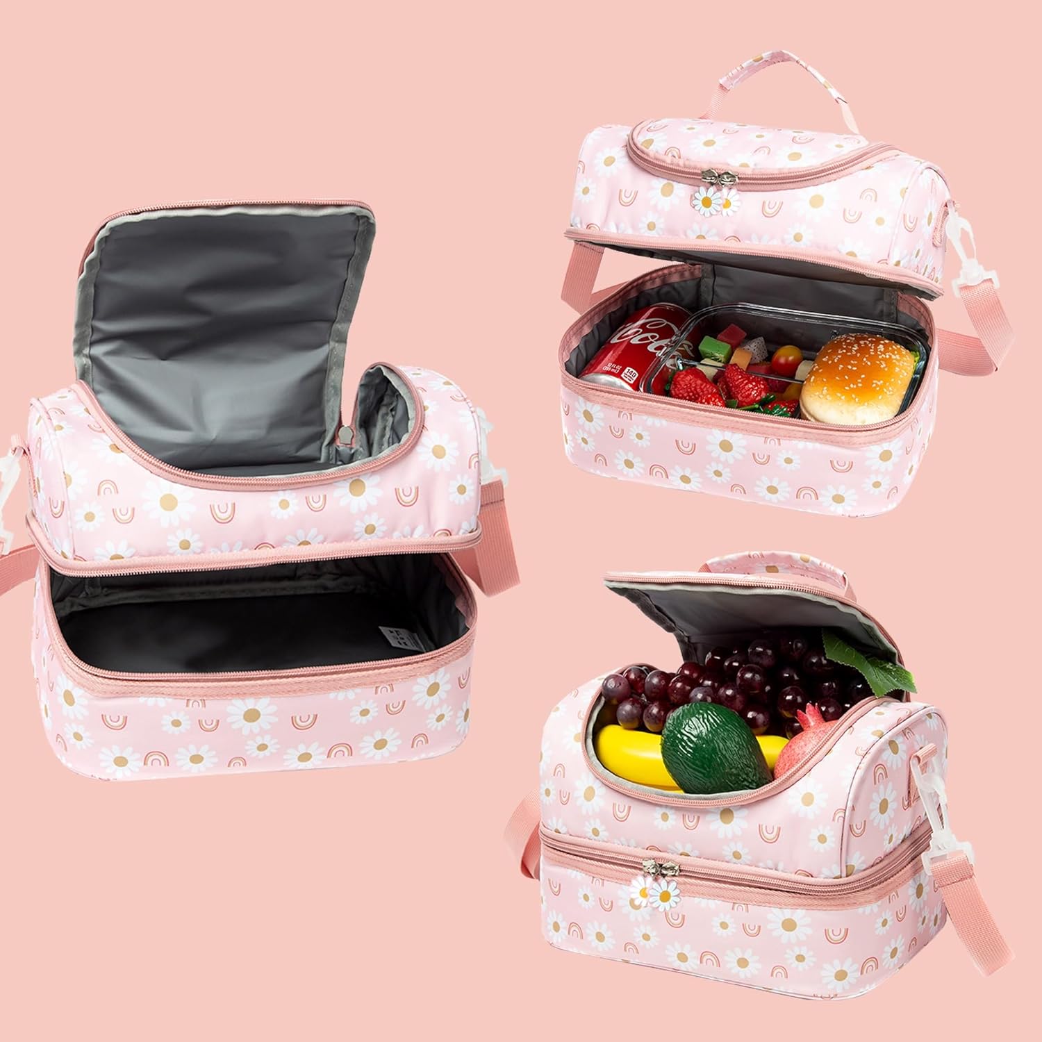 Insulated Kids Dual Compartment Lunch Bags Tote for Girls Boys Toddler Lunch Boxes Pre-School Toddler Kindergarten Elementary Picnic Food Cooler Thermal with Strap (Rainbow Daisies) - Image 6