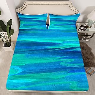 Abstract Teal Ocean Bed Sheets Twin Turquoise Sea Water Bedding Set Watercolor Style Blue Green Ombre Fitted Sheet For Kids Adults Oil Painting Bed Cover Aesthetic Bedroom Decor 1 Pillow Case