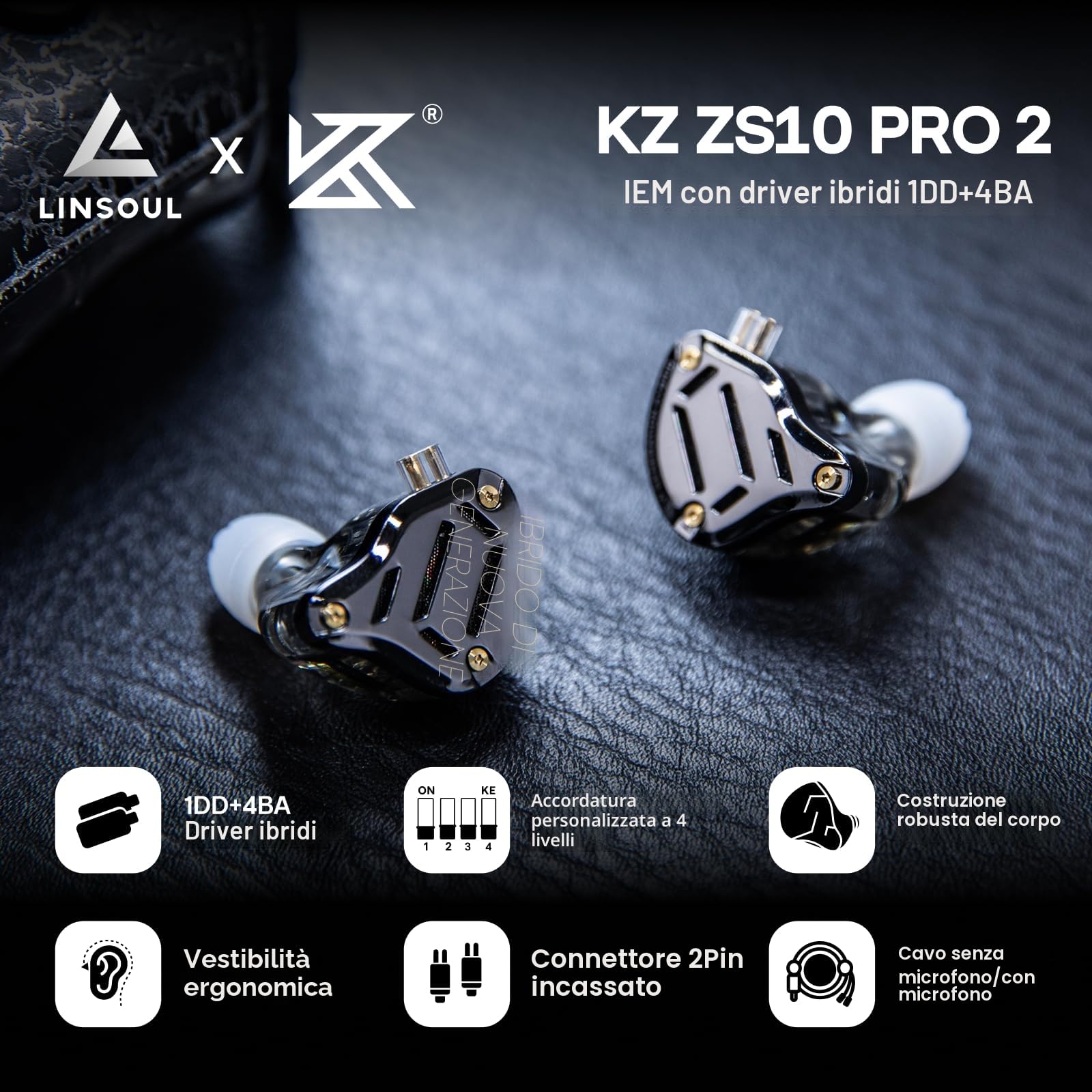 Linsoul KZ ZS10 PRO 2 In Ear Monitor IEM, auricolari cablati ibridi 1DD+4BA, con interruttore di sintonizzazione a 4 livelli, auricolari da gioco con crossover a 3 vie (Nero, Senza microfono)