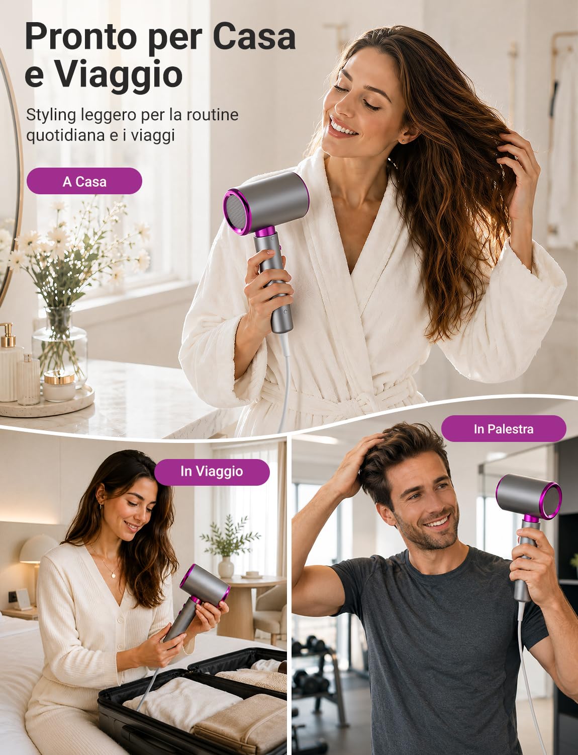 Asciugacapelli 2400W con Diffusore e Concentratore | Phon Capelli Potente, 3 Temperature e 2 Velocità, Getto Freddo, Asciugatura Rapida per Capelli Ricci e Lisci