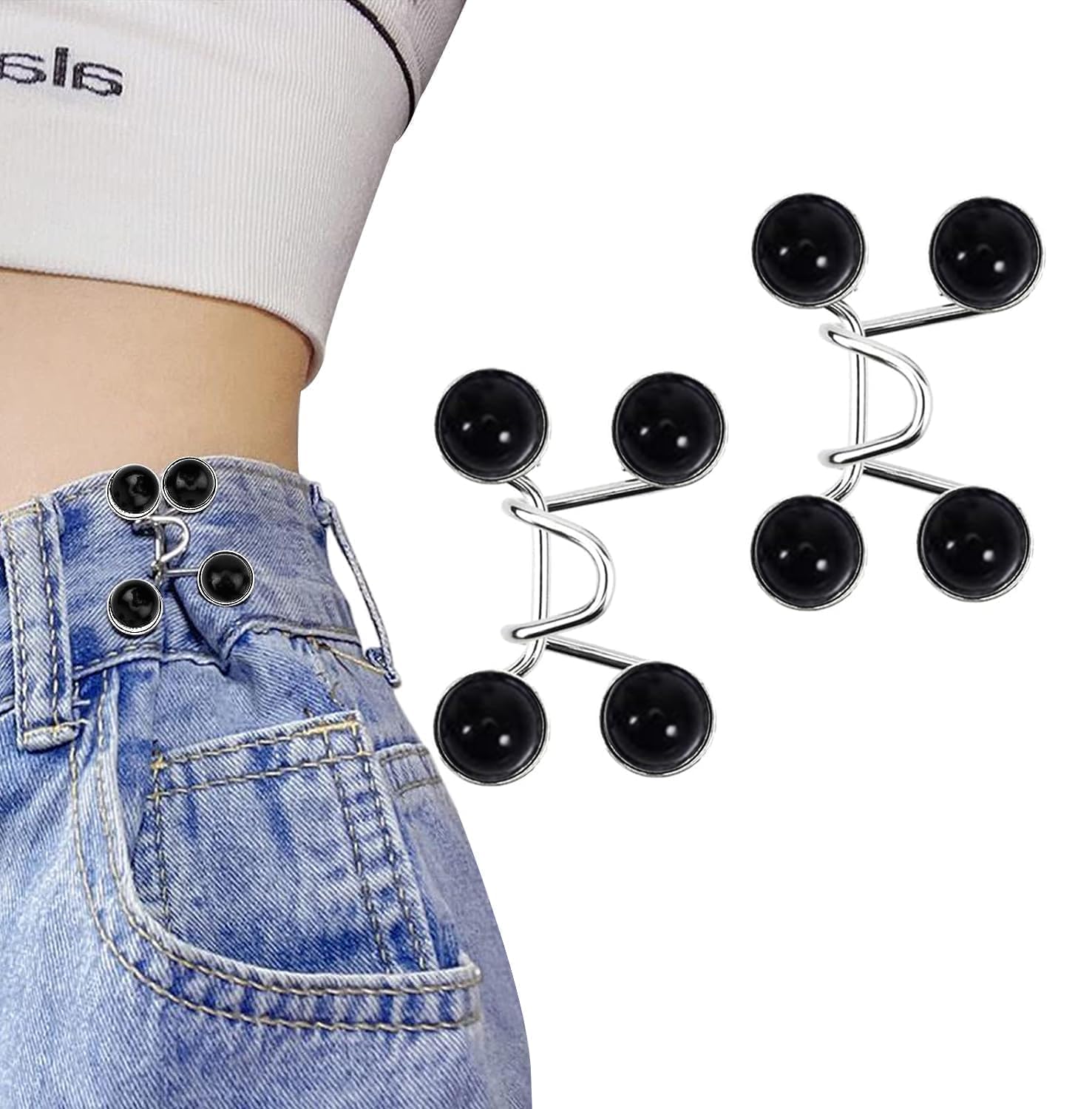 LIJIE Instant Black Round Jeans Button Pins Waist Tightener Set, Make The Waist Fit for Skirt Pants Robe, No Sewing Required Adjustable Waist Buckle for Loose Jeans Pants