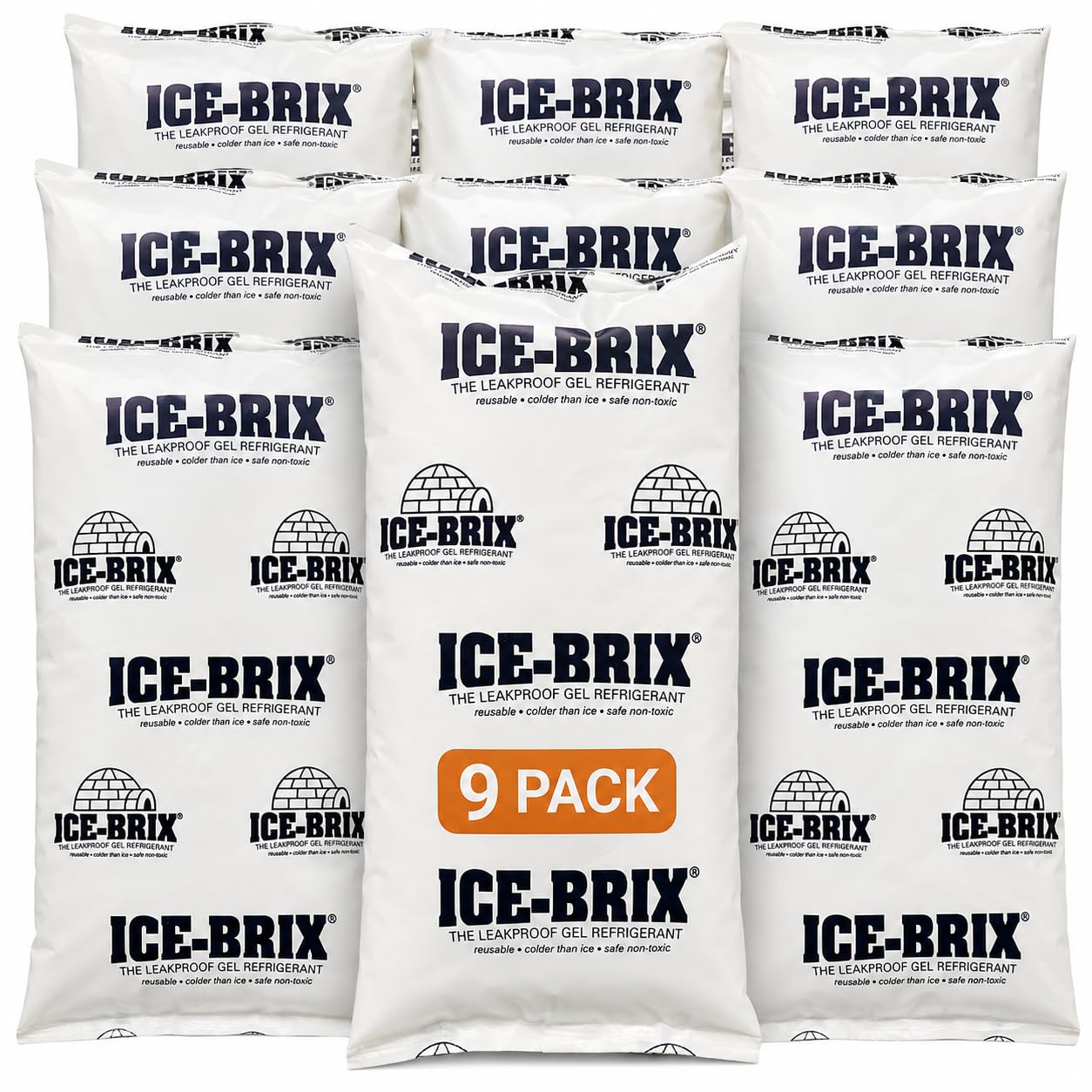 ICE-BRIX Reusable Gel Ice Packs for Shipping, 10 x 6 x 1.5 in White (9 Pack) - Extra Large Reusable Cold Packs for Frozen Food Shipping, Meal Kits, Coolers &amp; Medical Mailers