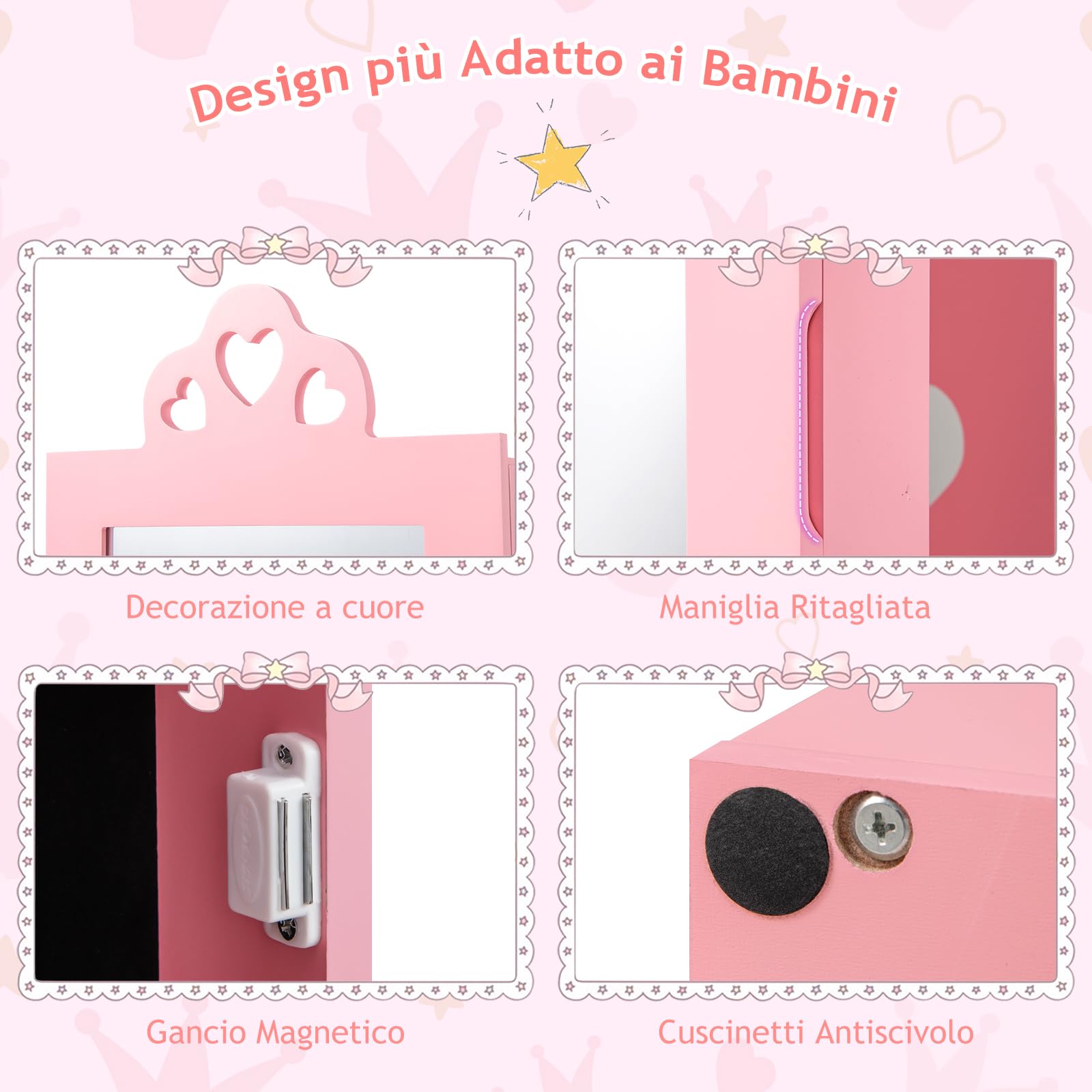 GYMAX Armadio per Gioielli per Bambini con Specchio a Figura Intera, Portagioie Bambina con Anti-ribaltamento, per Cameretta e Sala Giochi, 34 x 30 x 117 cm (Rosa)