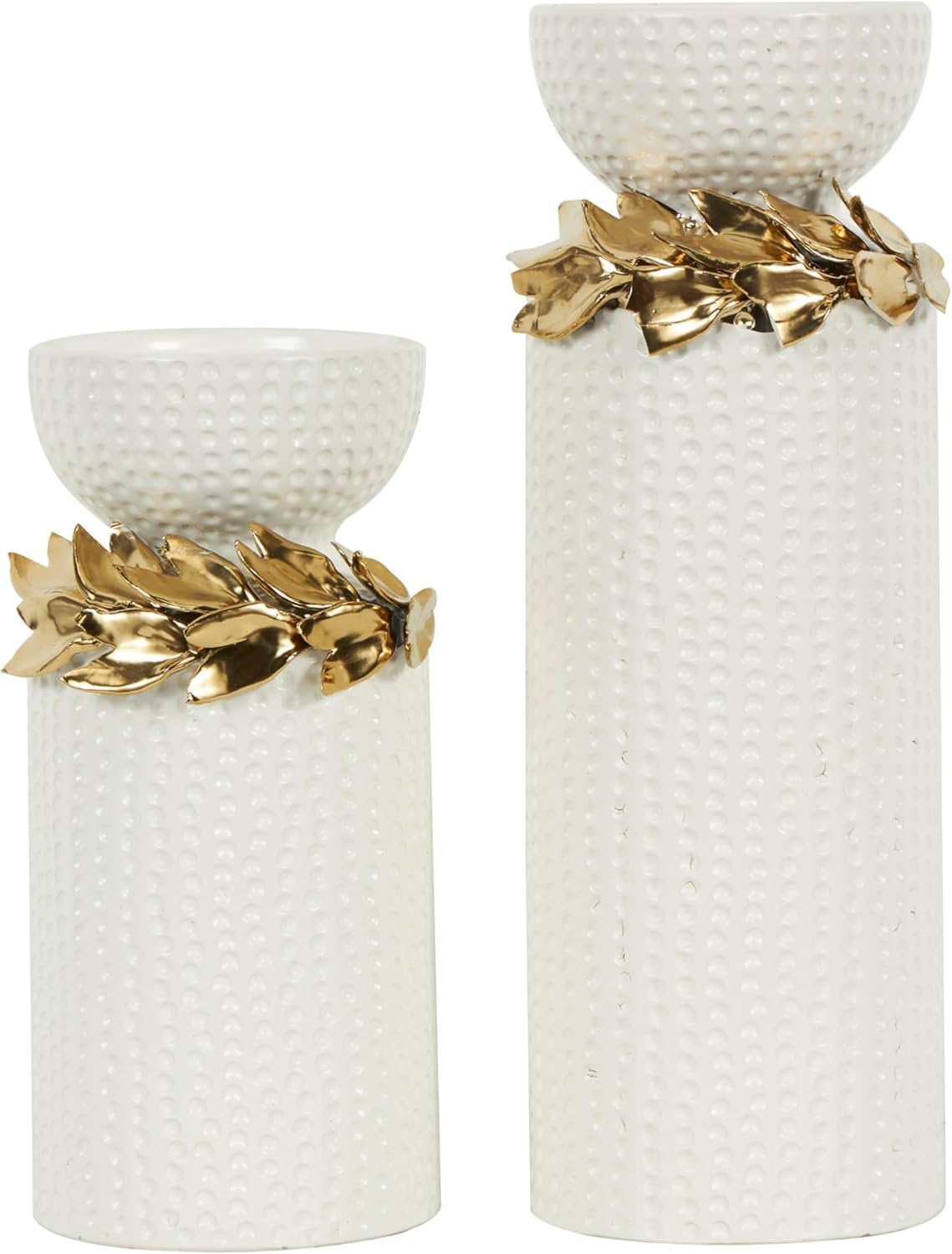 Deco 79 Ceramic Decorative Candle Holder Candle Stand with Abstract Spotted Pattern and Gold Leaf Accents, Set of 2 Candlestick Holder 12", 9" H, White