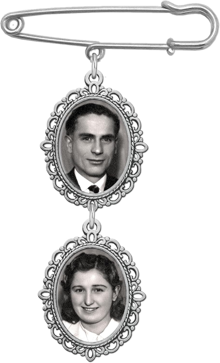 Wedding Bouquet Photo Charm Pin Cascading Double Oval Frame for Bride's Flowers or Boutonniere, Silver plate