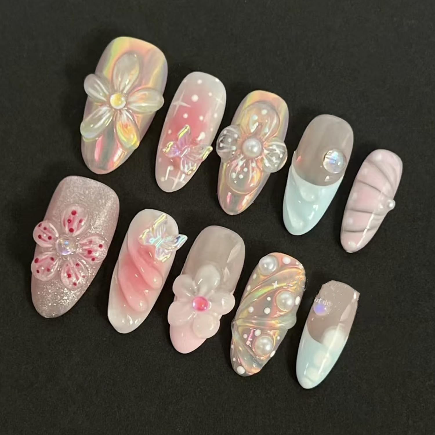 Hand-Carved Flower Press on Nails - Summer Gradient Design