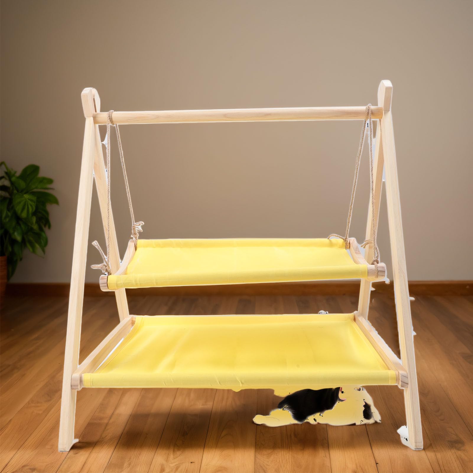 Cama Hamaca con Columpio para Gatos, Cama Elevada para Gatos de 2 Capas con Marco de Madera, Soporte de Carga Fuerte, Resistente a los Arañazos, Juguetes de Columpio para
