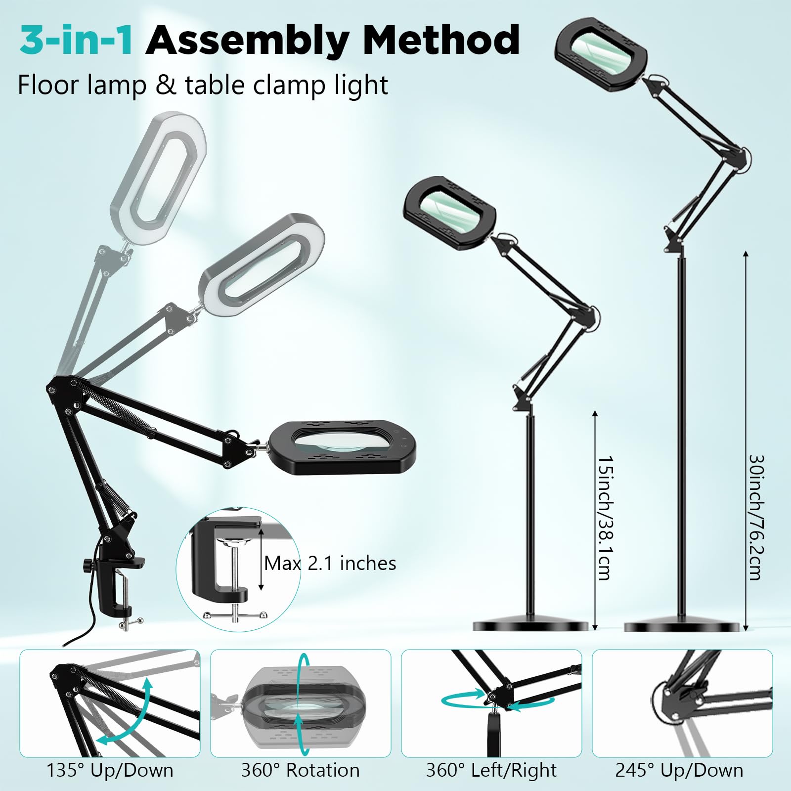 15X Lupe mit Licht und Ständer, 3-in-1 Standlupe, Lupenlampe mit 5 Farbmodi, Stufenlos Dimmbar, 60 LED, Stabiler Metallständer, Große Flexible Schwenkarm Lupenleuchte für Senioren, Hobbys und Basteln