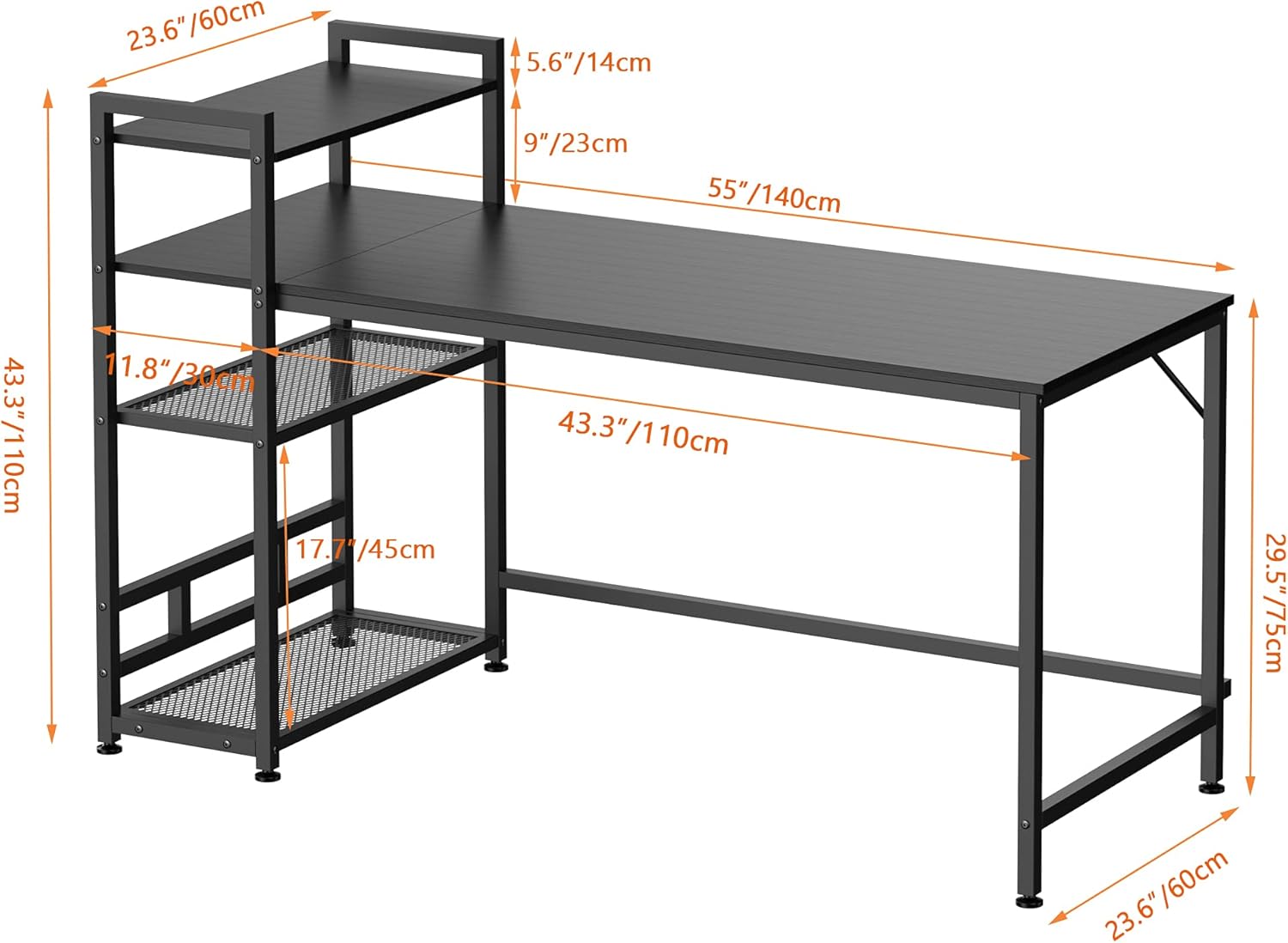 Technical drawing of the HOMIDEC Computer Desk with detailed dimensions in both inches and centimeters for all parts, including desktop, shelves, and overall height/width/depth.