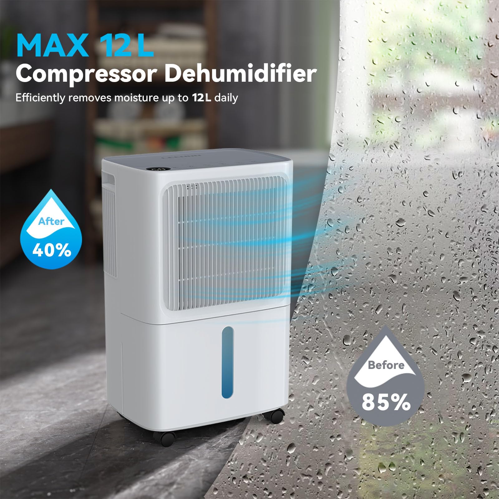 LEENON Deumidificatore Casa Muffa 12L/24h, Elettrico Deumidificatore Portatile con 3 Modalità, Silenzioso, Riavvio Automatico, Asciugatura Biancheria, Drenaggio Continuo, Timer, per Casa Bagno