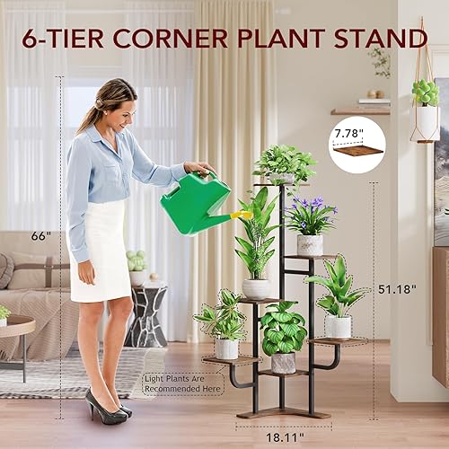 Miniatura 5 de Soporte de plantas de esquina Homsorout con luz de crecimiento - Soporte de plantas de 6 niveles para interiores, estante de metal cuadrado con luz