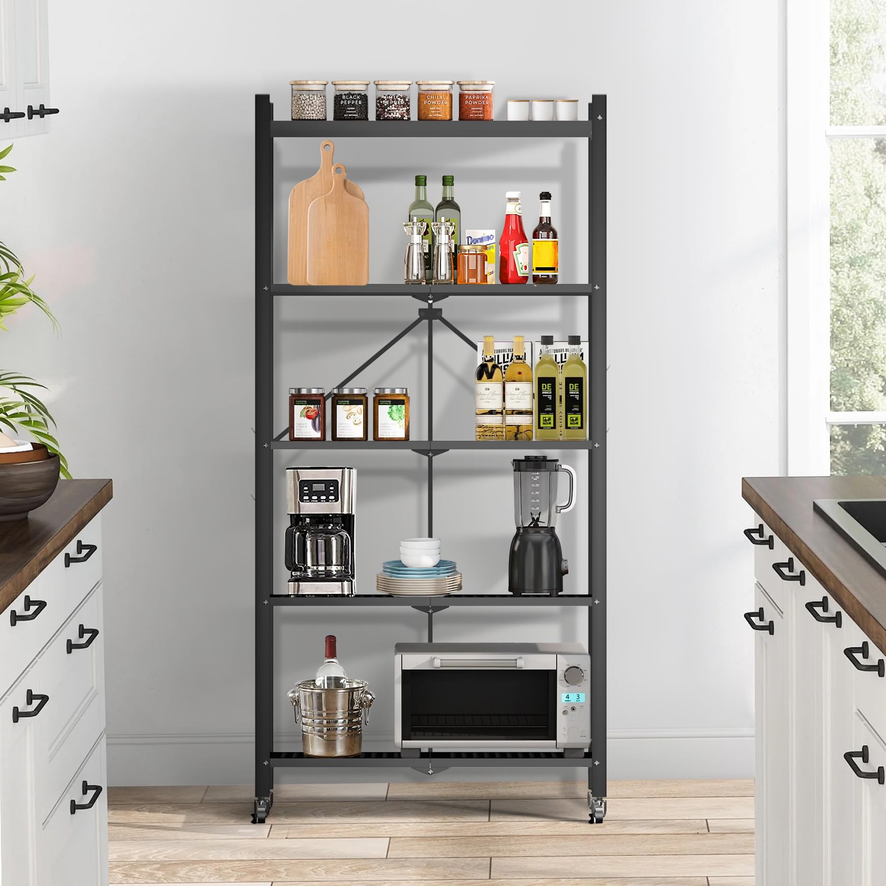 Étagère de Rangement Pliable à 5 étages, Cadre métallique Solide avec roulettes, Facile à Installer, Meuble de Rangement pour Garage, Salon, Chambre à Coucher, Cuisine, 71x34x159cm, Noir