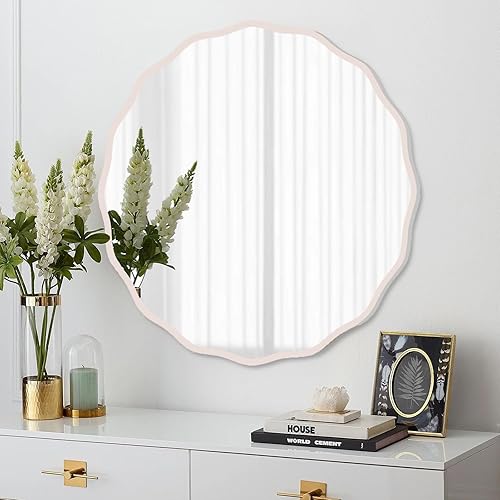 Miniatura 3 de Espejo redondo ondulado con acabado blanco envejecido para pared decorativo de 28 pulgadas, moderno espejo circular ondulado para baño, dormitorio,
