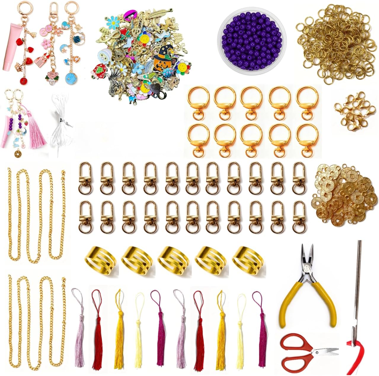 600Pcs Lip Gloss Keychain Making Kit with Charms, Including 30 Keychains Clips 2meters Extender Chain 100 Charm Jewelry Plier, DIY Keychains Kit, for Keychain Making Supplies DIY Crafts