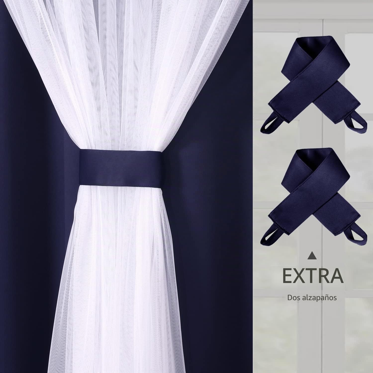 Bonzer Cortinas Opacas Grises con Visillo Blanco de Doble Capa, combinables con Ojales para salón, Azul Marino, 132 x 213 cm, Set de 2 Paneles
