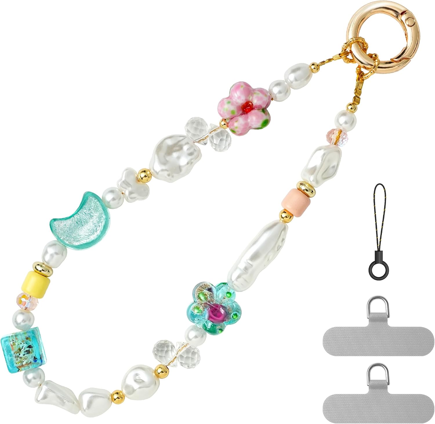 pcgaga Phone Charm Colorful Crystal Pearl Beaded Chain Bracelet, Detachable Anti-Drop Wrist Strap Anti Theft Stylish Phone Wristlet for Case Women Girls Gift (Light Blue)