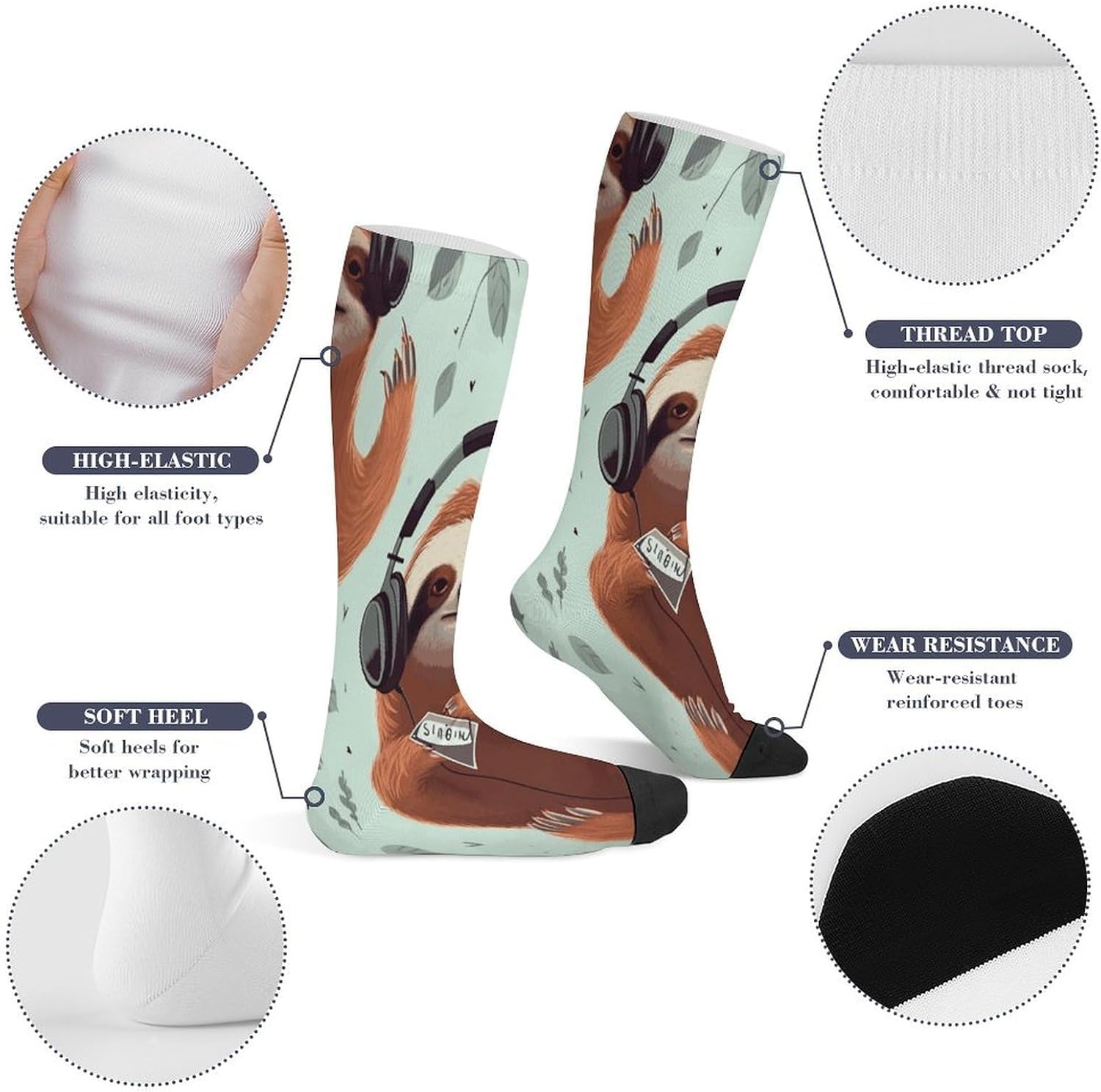 Funny Cute Animal Sloth Music Compression Socks for Man Women Breathable Knee High Tube Socks Baseball Football Sock Over The Calf Sock Circulation Support for Running Travel Athletic Daily Wear