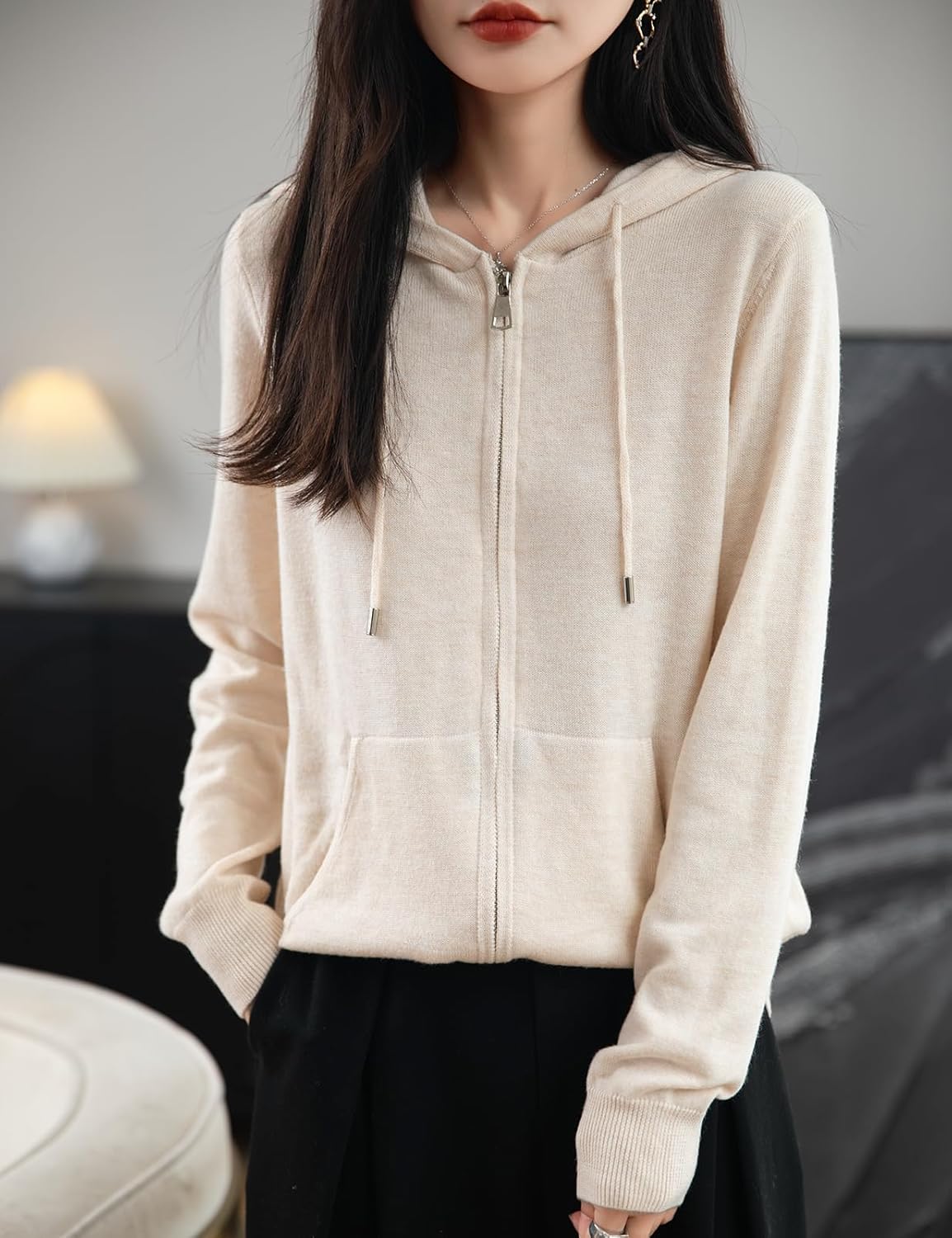 Women's Merino Wool Blend Cardigan 2025 Fall Winter Zipper Sweatshirt Crew Neck Long Sleeve Knit Hooded Cardigan - Image 3