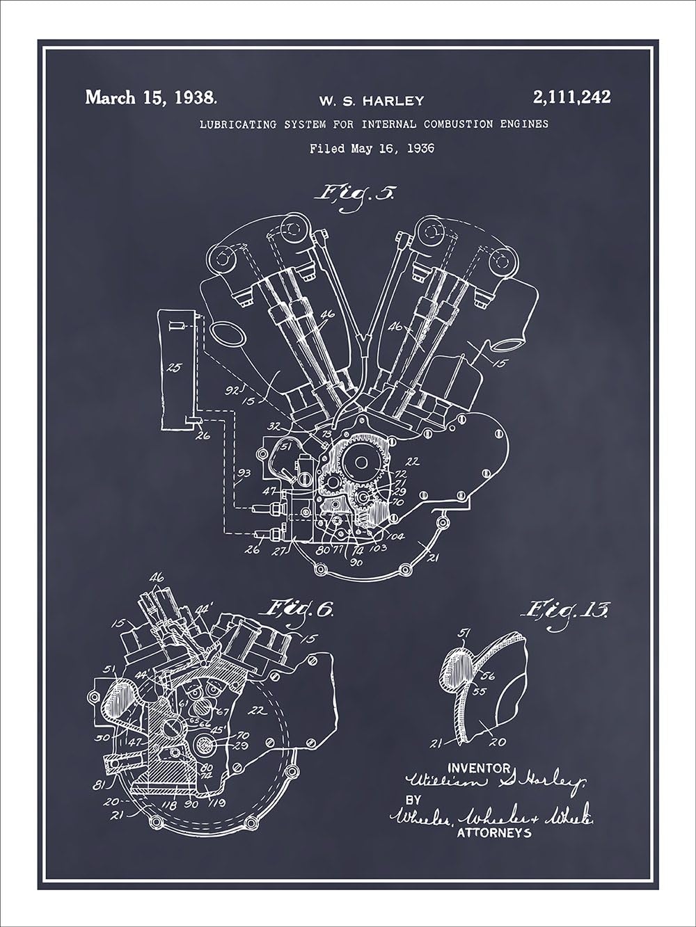 Studio 21 Graphix 1936 Harley Davidson Knucklehead Engine Patent Print Art Poster UNFRAMED Uncludes a white border Blackboard 18" X 24"