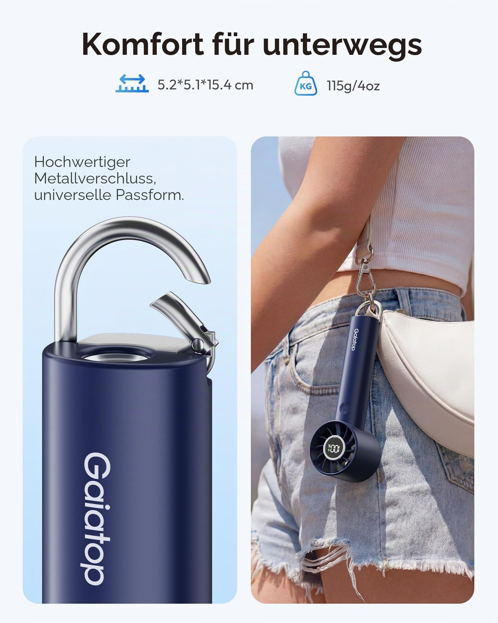 Gaiatop Tragbarer Turbo Handventilator mit LED Taschenlampe und Basis, Wiederaufladbarer Mini Ventilator, Reiselüfter für Zuhause, Büro & Camping, Geschenk für Frauen & Männer – Marineblau