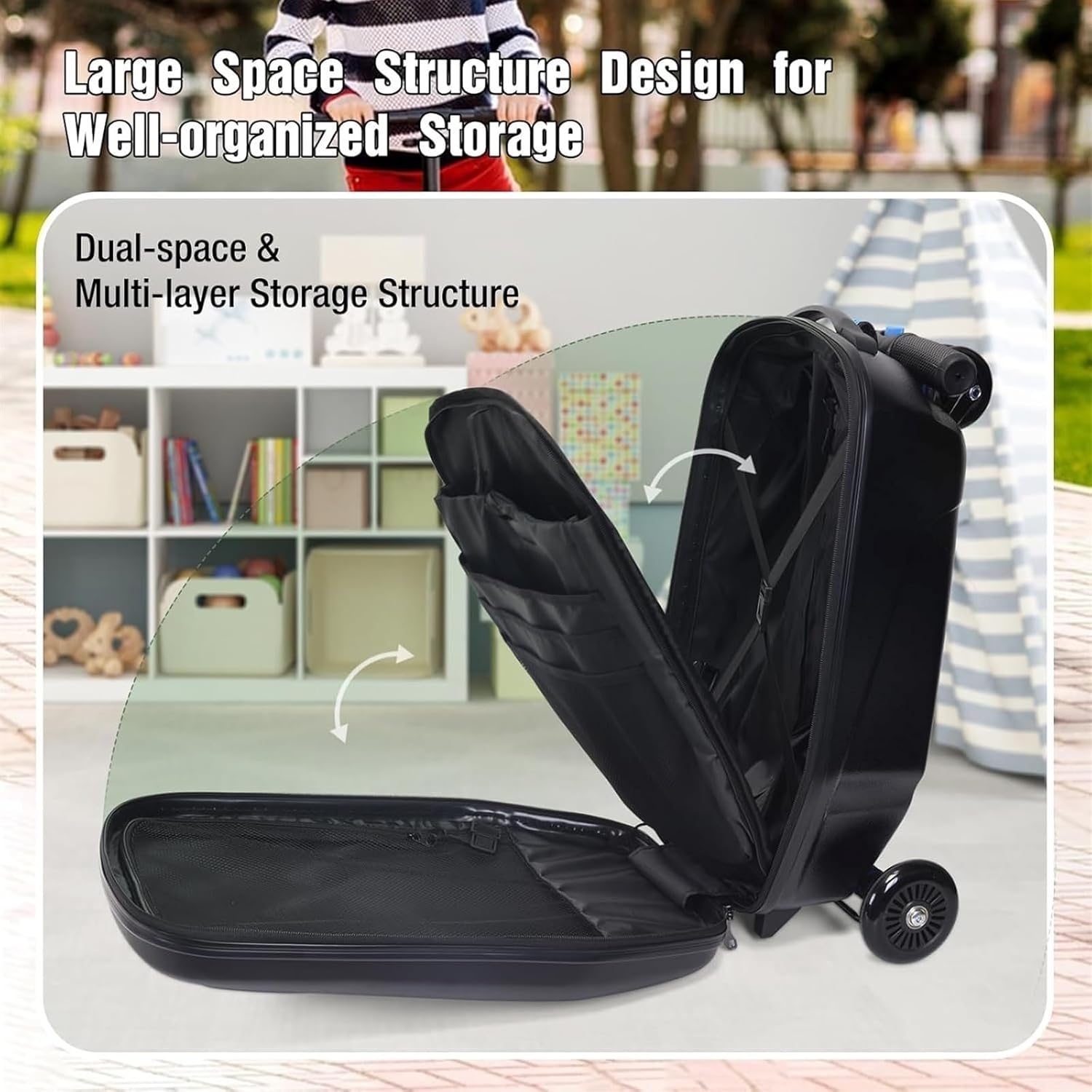 sopan Scooter Luggage Detachable Ride On Suitcase Scooter for Kids Age 4-15,2- in- 1 Folding Carry On Hardshell Ride On Scooter,Multifunctional Travel Trolley Kids Scooter Suitcase(Black)