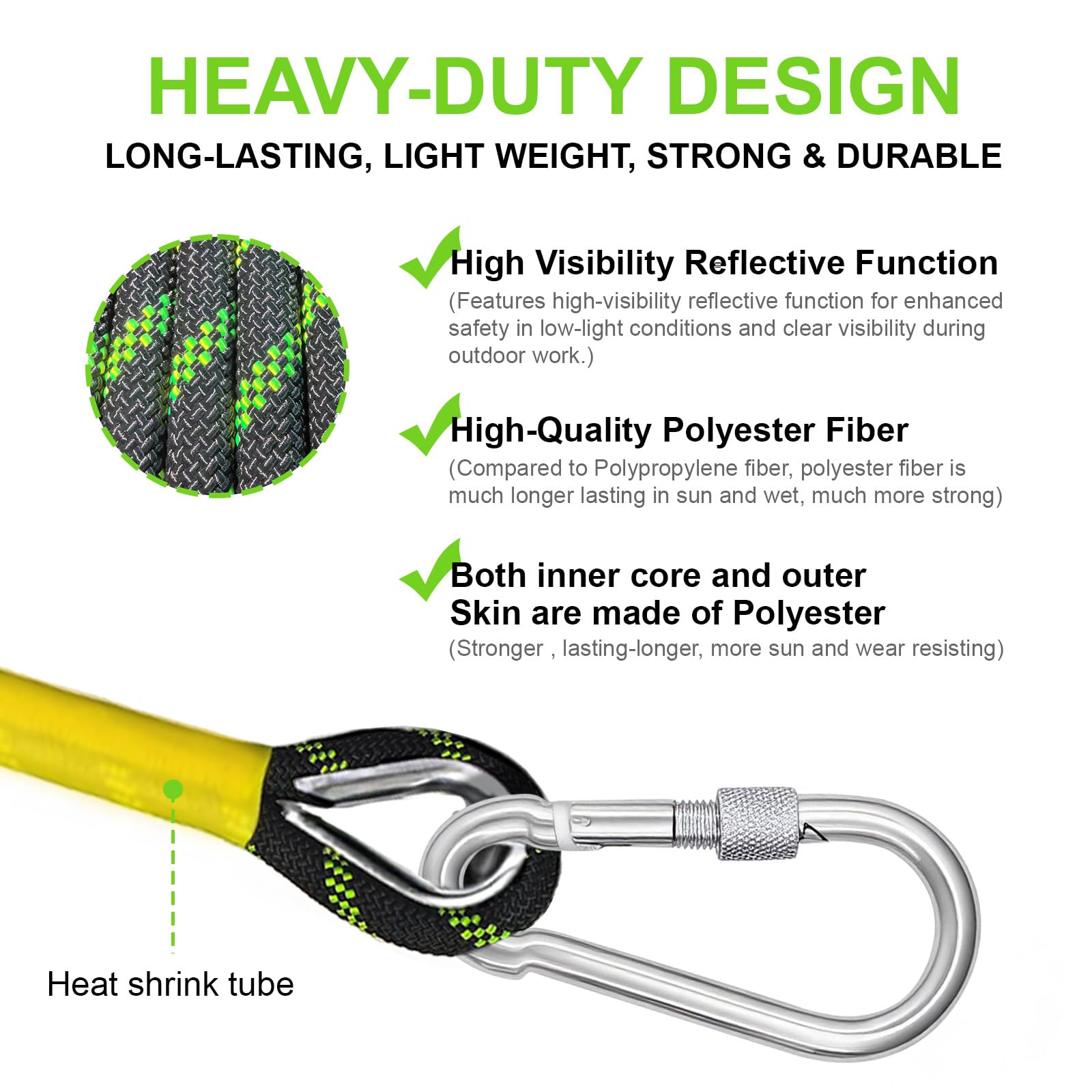 20m Corda Statica da Arrampicata 8mm con 2 Moschettone, UIAA | nylon ad alta resistenza, anti-abrasione, anti-UV, nero fluorescente, per alpinismo, soccorso e Campeggio
