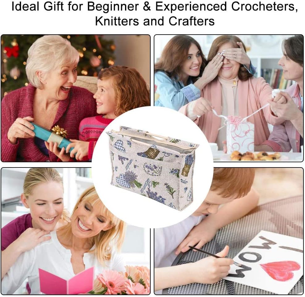Miniatura 3 de GOTOTOP Bolsa organizadora de hilo para tejer, bolsa de almacenamiento para agujas de tejer, bolsa de almacenamiento de tela tejida con mango de