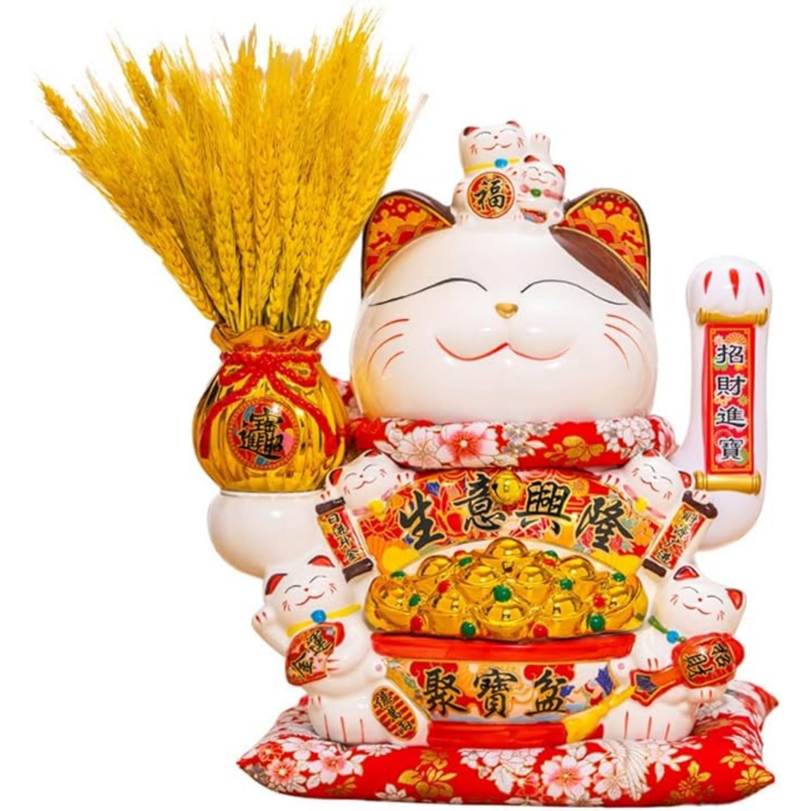 Estatua de gato de la suerte de 10 ", figuras chinas de gato de la suerte, hucha Maneki Neko, dinero de cerámica, gato de la fortuna, decoraciones de regalo para la apertura de la empresa (X-grande)