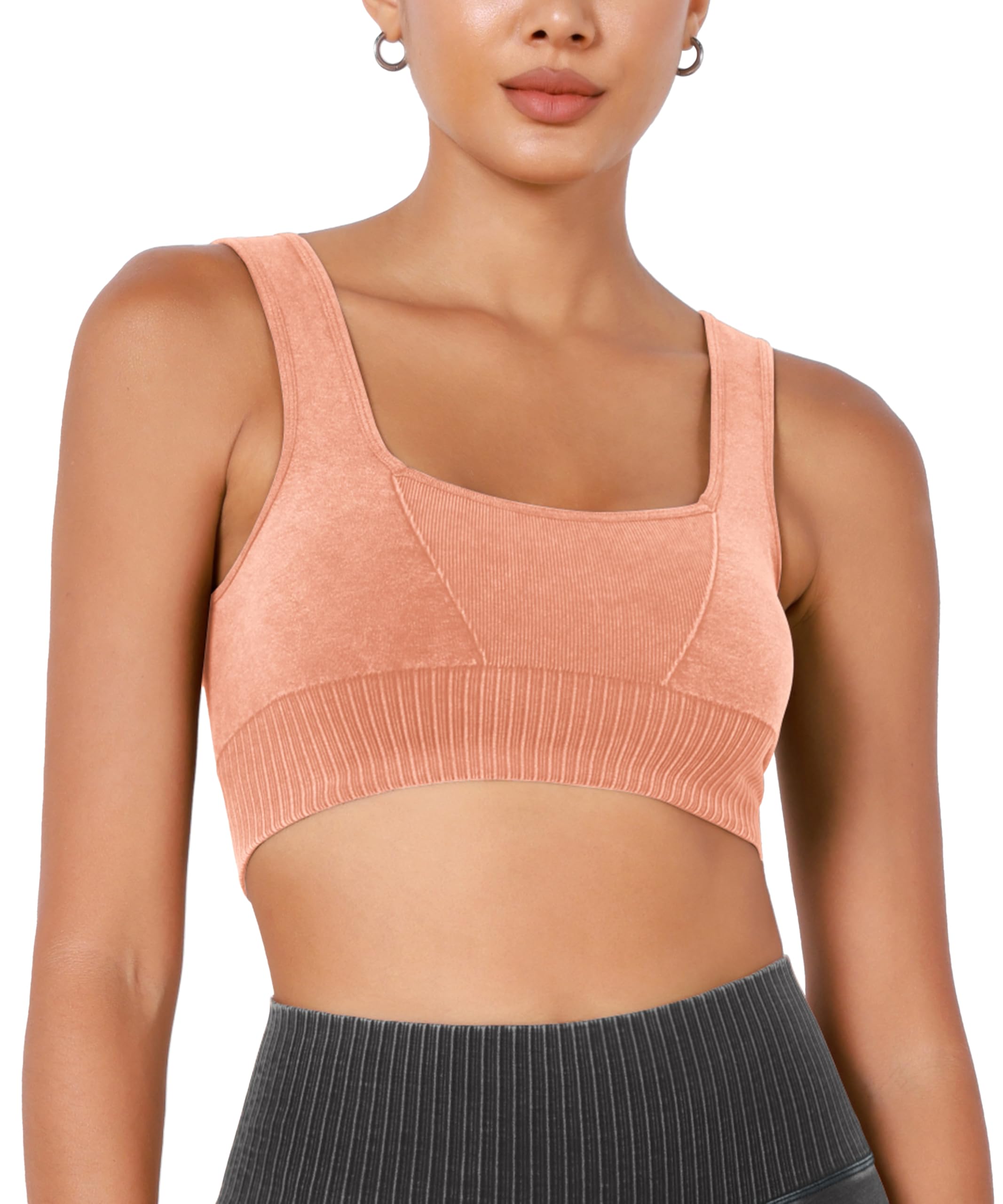 ODODOS Seamless Square Neck Sports Bra for Women Ribbed Crop Tank Casual Low Back Cropped Tops