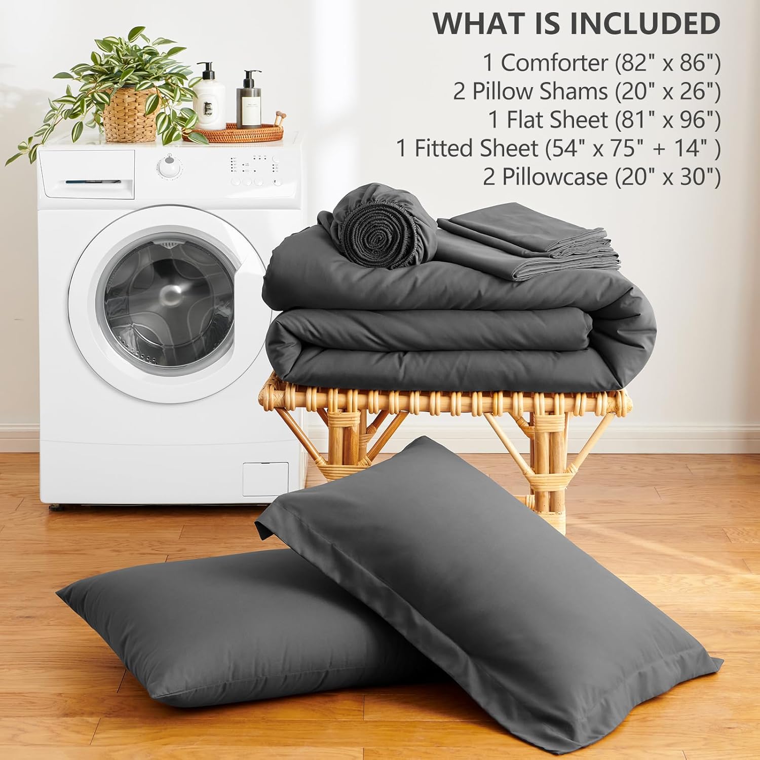 Full Size Comforter Sets - 7 Pieces Dark Grey Bed in a Bag, Soft Lightweight Bedding Set, All Season Bed Set with Comforter, Flat Sheet, Fitted Sheet, Pillowcases & Pillow Shams - Image 6