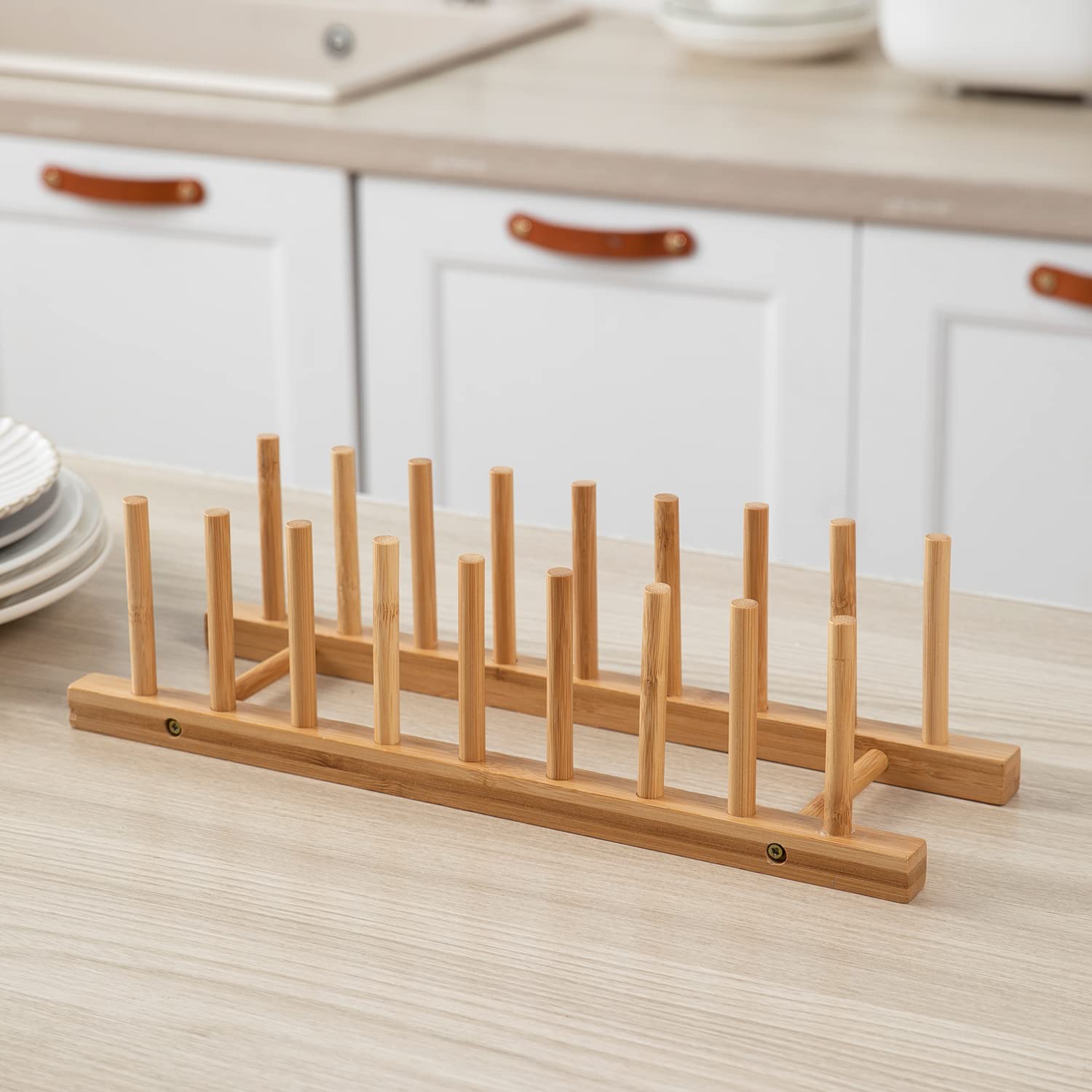 HOKIPO Bamboo Wooden Plate Stand Rack for Kitchen Cabinets Dish Stand Dinner Plate Holder, 8 Slots, 36x12x2 cm (AR-4771) — Amazon image 4