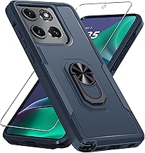 Janmitta Compatible with Motorola Moto G Stylus 5G 2025 Case with Screen Protector,Heavy Duty Shockproof Full Body Protective Cover Built in Rotatable Metal Ring Holder Kickstand,Navy Blue