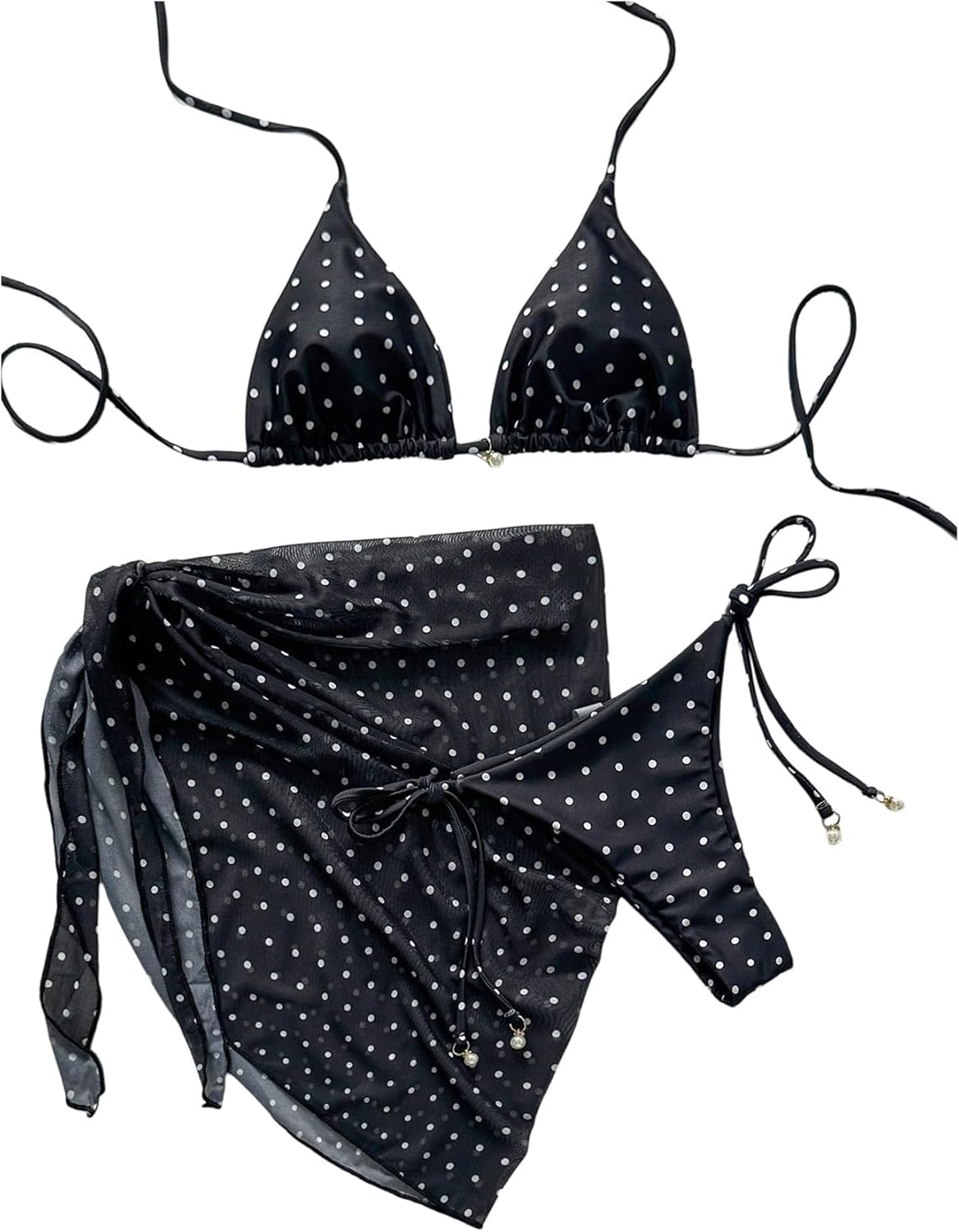 WDIRARA Women's 3 Piece Bikini Set Polka Dots Triangle Halter Swimsuit with Cover Up Skirt