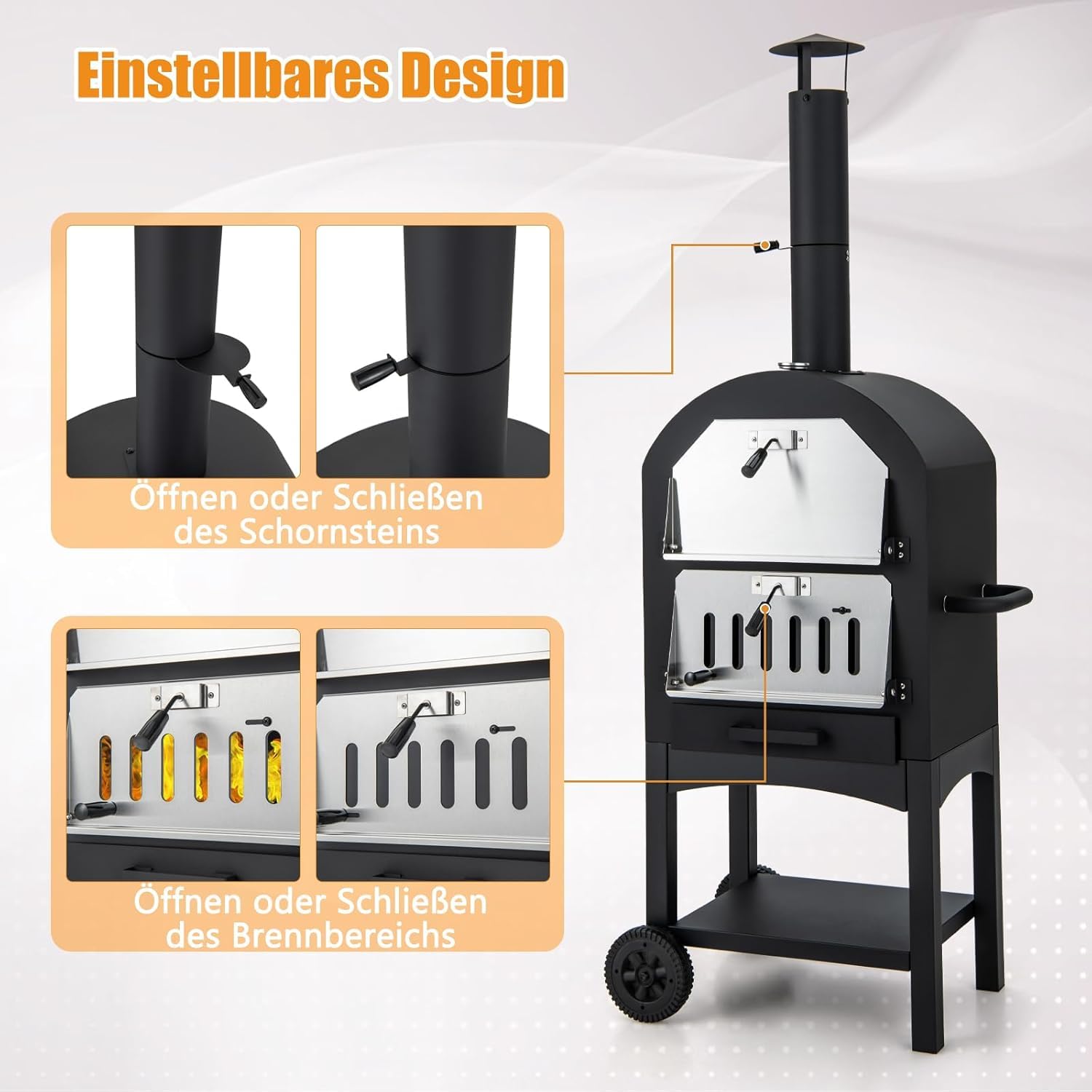 FANTASK Outdoor Pizzaofen mit eingebautem Thermometer, holzbefeuerter Pizzaofen mit Rädern & wasserdichtem Deckel