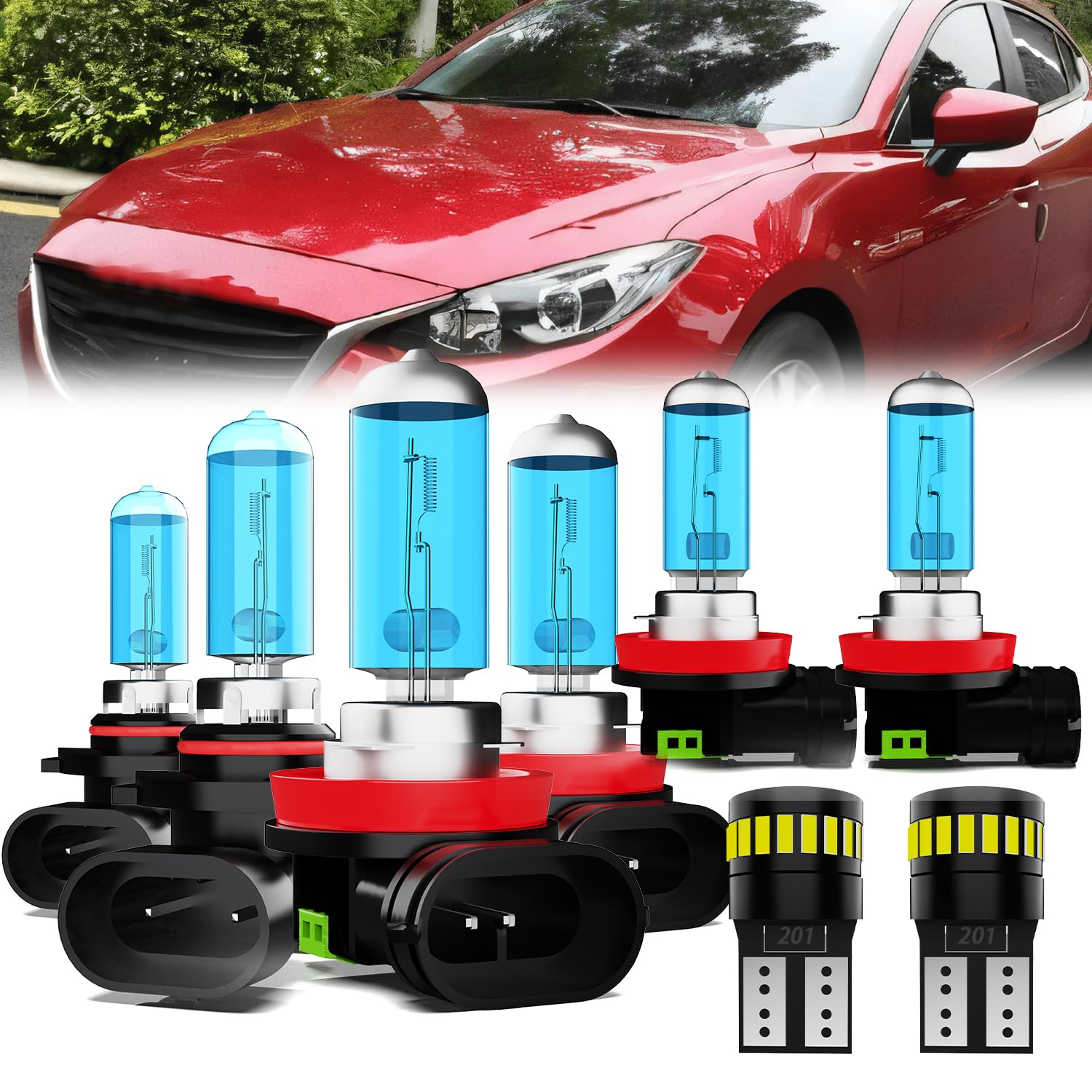 Headlight Bulbs License Plate Lights Fit For Mazda 3 2010-2018, 9005 High Beam + H11 Low Beam + H11 Fog Lights Halogen Light Bulb + License Plate Lights, Pack of 8