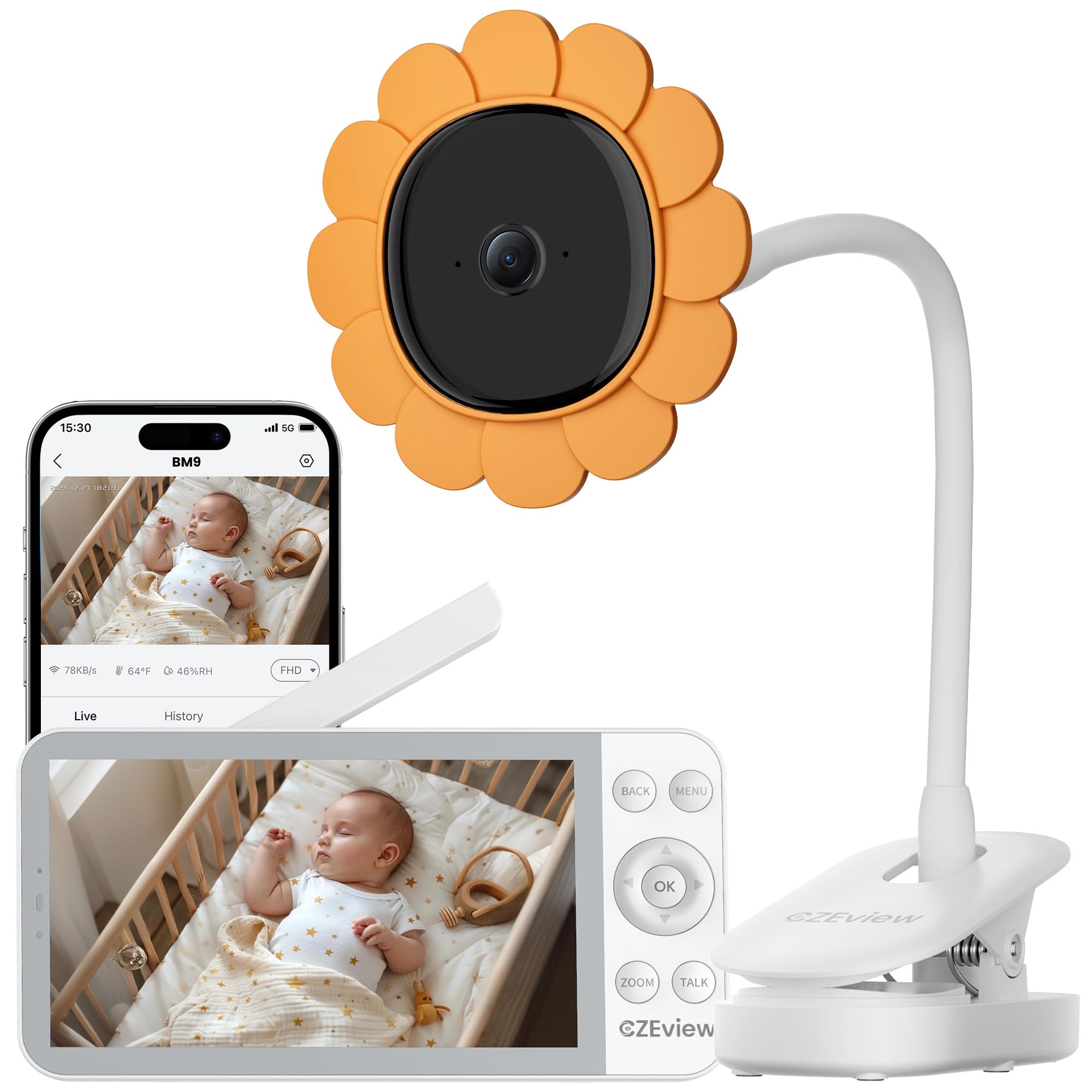 CZEview Babyphone con cámara y aplicación, Monitor de bebé con Video de 5,5 Pulgadas sin WiFi Entre la cámara y el Monitor, transmisión por móvil WiFi, visión Nocturna, Audio bidireccional, VOX