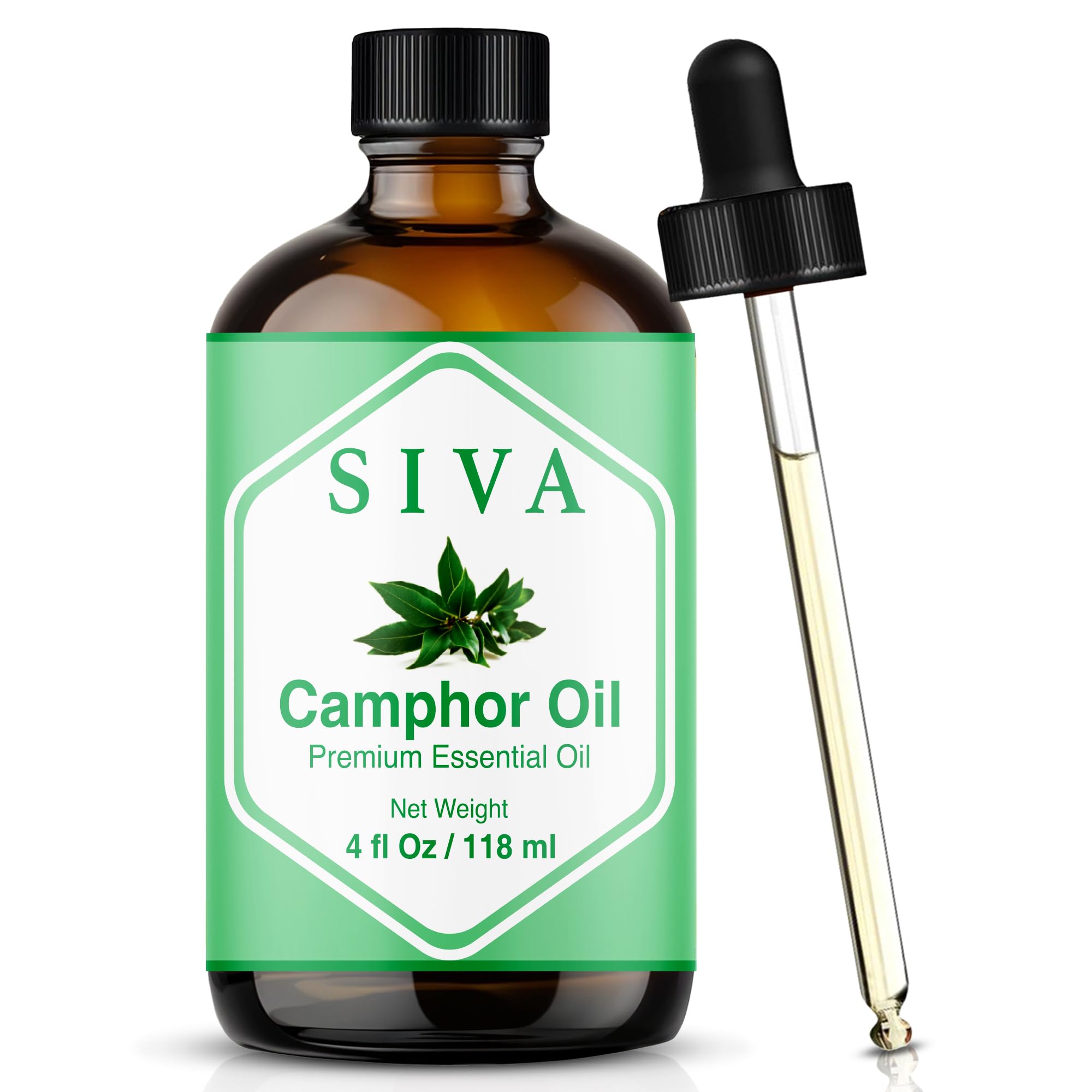 Siva Camphor Essential Oil - 4 Fl Oz – Natural Camphor Oil - for Diffuser, Face, Skin Care, Aromatherapy, Hair Care, Scalp and Body Massage - with Dropper