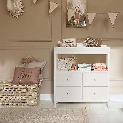 Vista 2 de BOLUO Cambiador con 4 cajones de tela y estante abierto, cómoda para bebé con cambiador, estación de cambio de pañales con almacenamiento