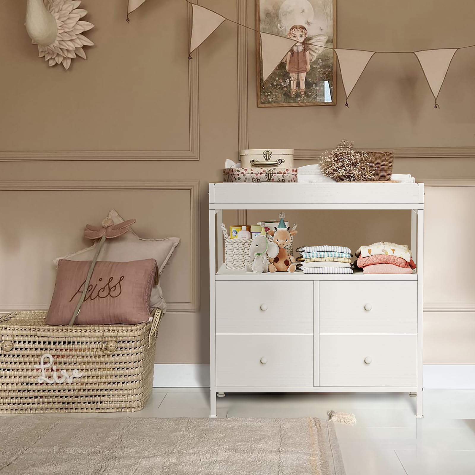BOLUO Changing Table Dresser with 4 Fabric Drawers and Open Shelf, Baby Dresser with Changing Table Top Diaper Changing Station with Storage for Nursery Modern (White)
