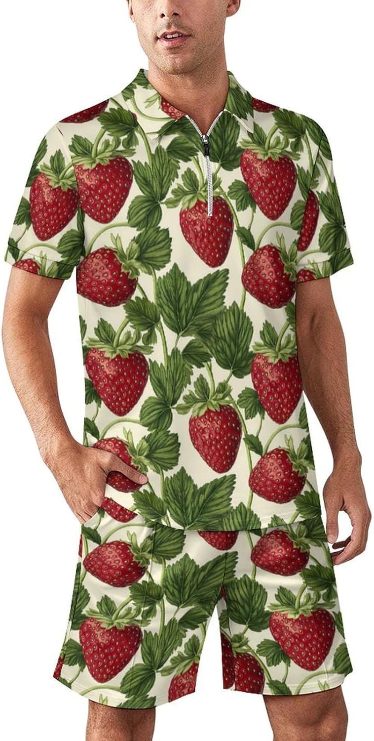 Strawberry Fruit Mens Polo Shirts Track Suits 2 Piece Short Sleeve Sweatsuit 1/4 Zip Golf Loungewear for Sports