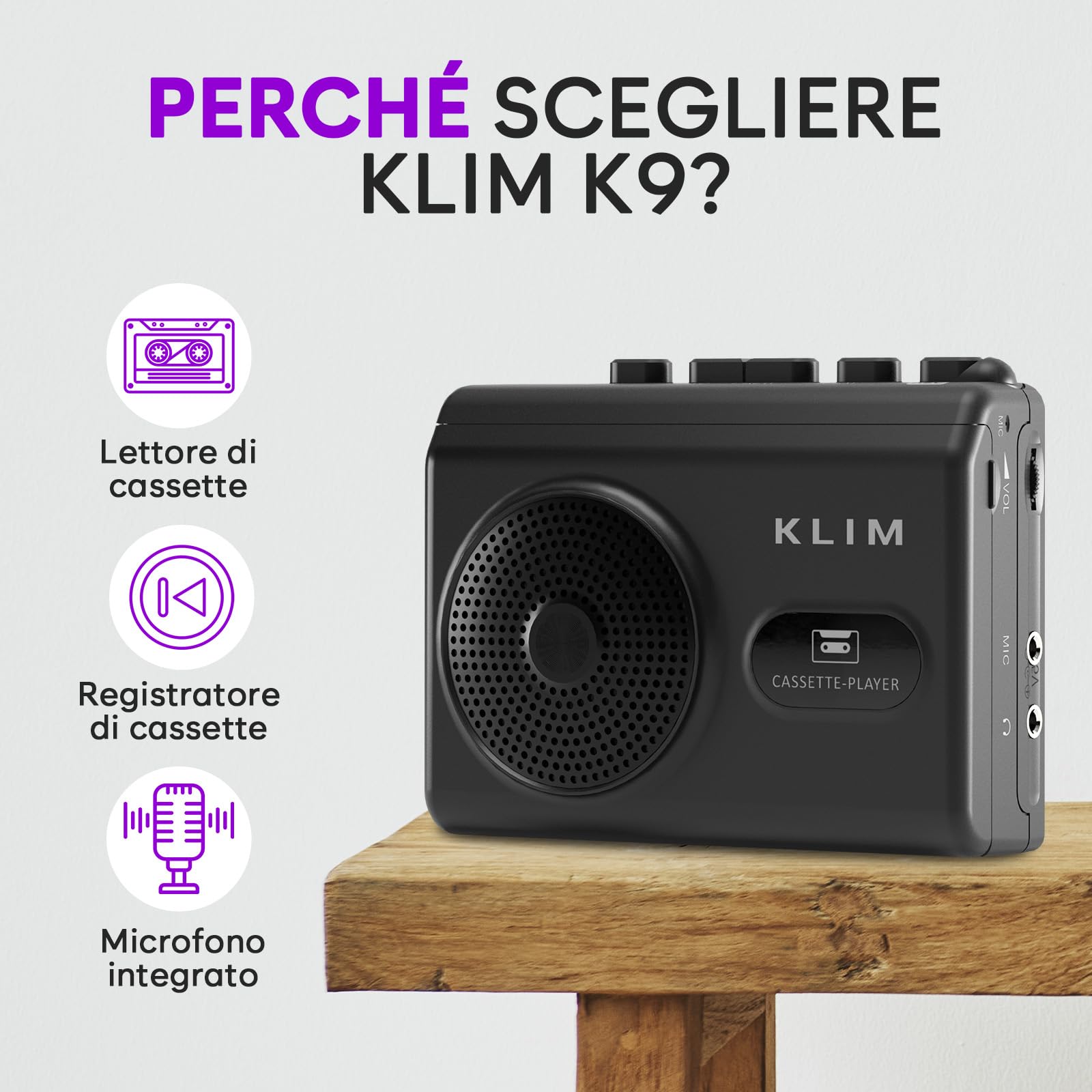 Lettore Cassette Audio e Registratore Cassette KLIM K9 Portatile con Altoparlante Integrato e Microfono