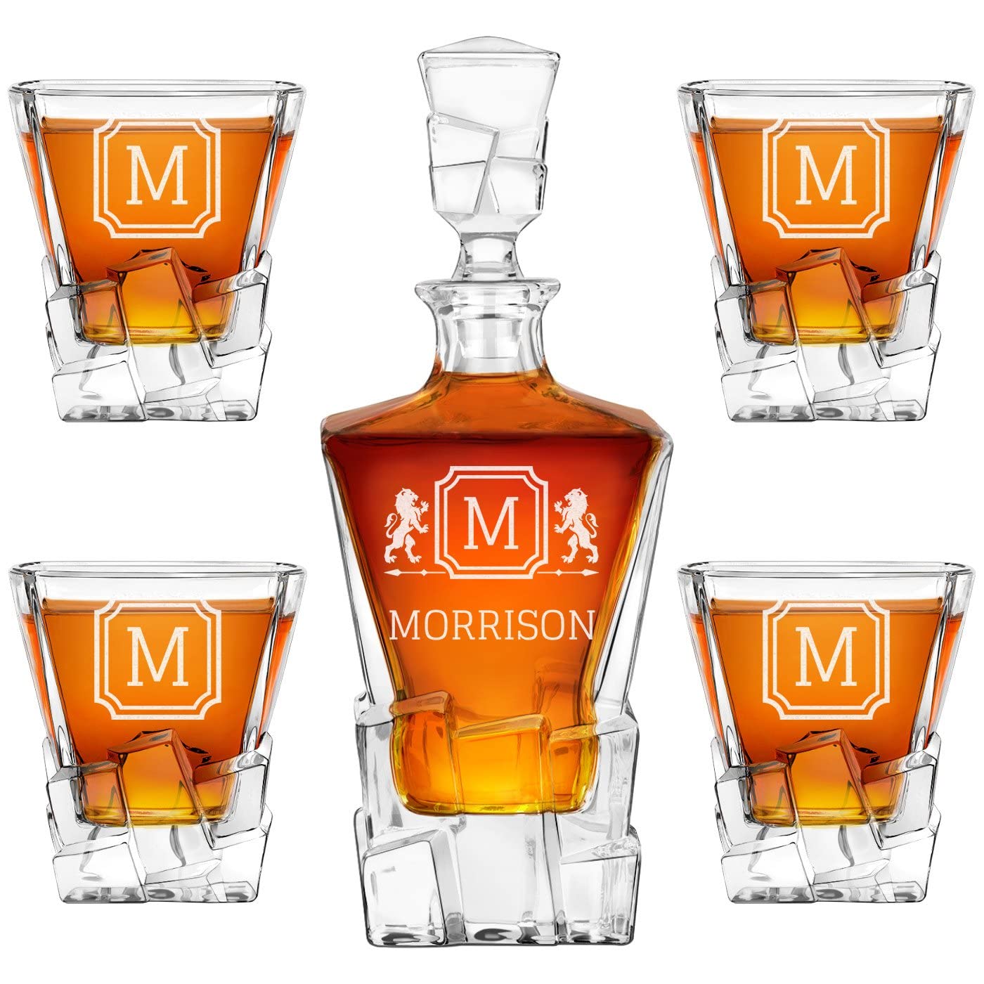 MavertonPersonalized Whiskey Decanter and 4 glasses for man - Elegant Whiskey set with engraving - Ice cubes model - Stylish barware for birthday - For whisky connoisseurs - LIONS