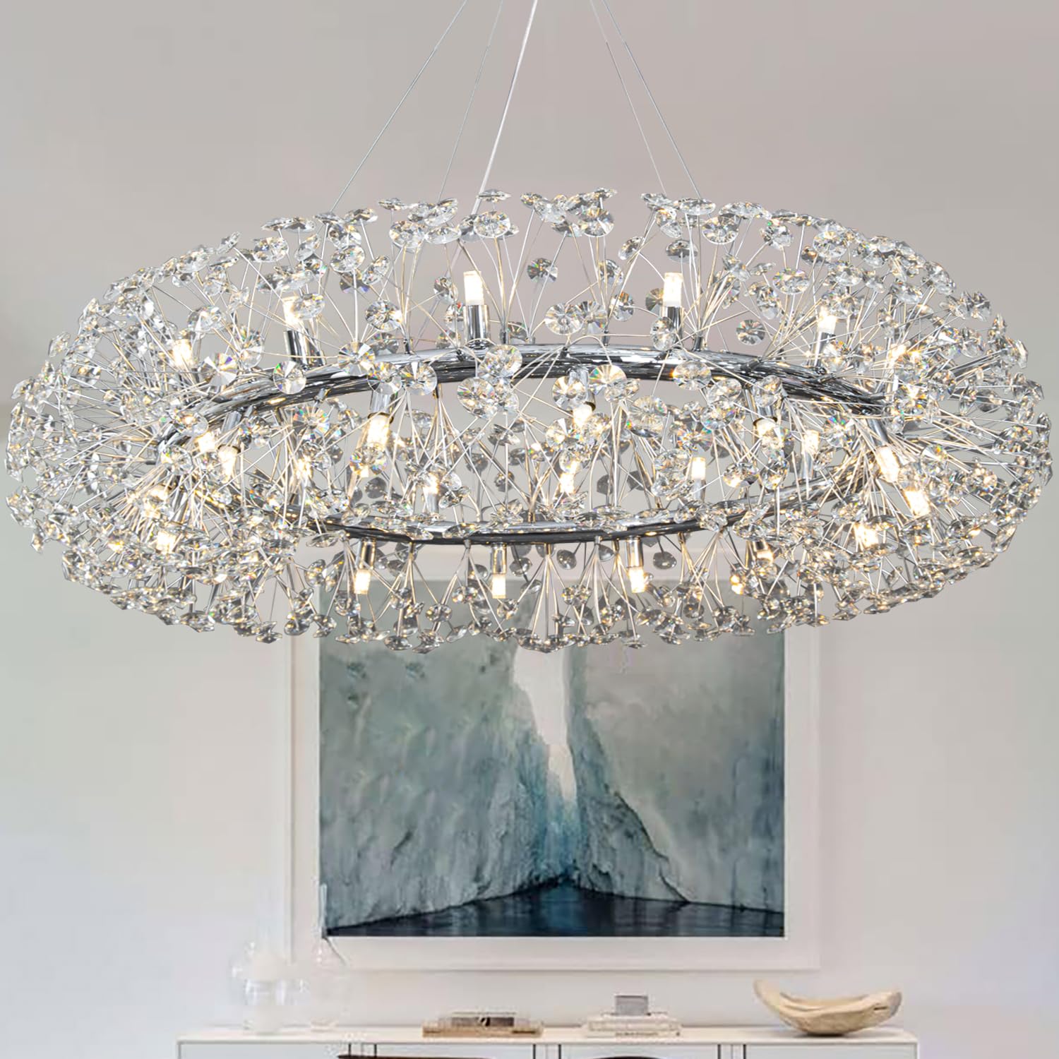 PCXEHUYP 28" Large Modern Crystal Chandelier Luxury Oversized Lobby & Foyer Lighting Silver Elegant Design for Grand Entrances Staircases