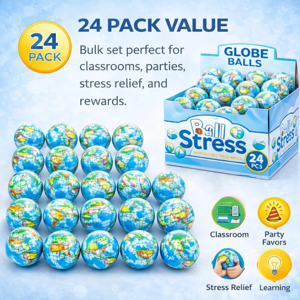 24 Pack - Globe Mini Soft Foam Earth Squeeze Balls, 2.5" Squeezable World Toy Stress Relief Bulk Educational Novelties for Kids, School, Classroom, Party Favors, Rewards